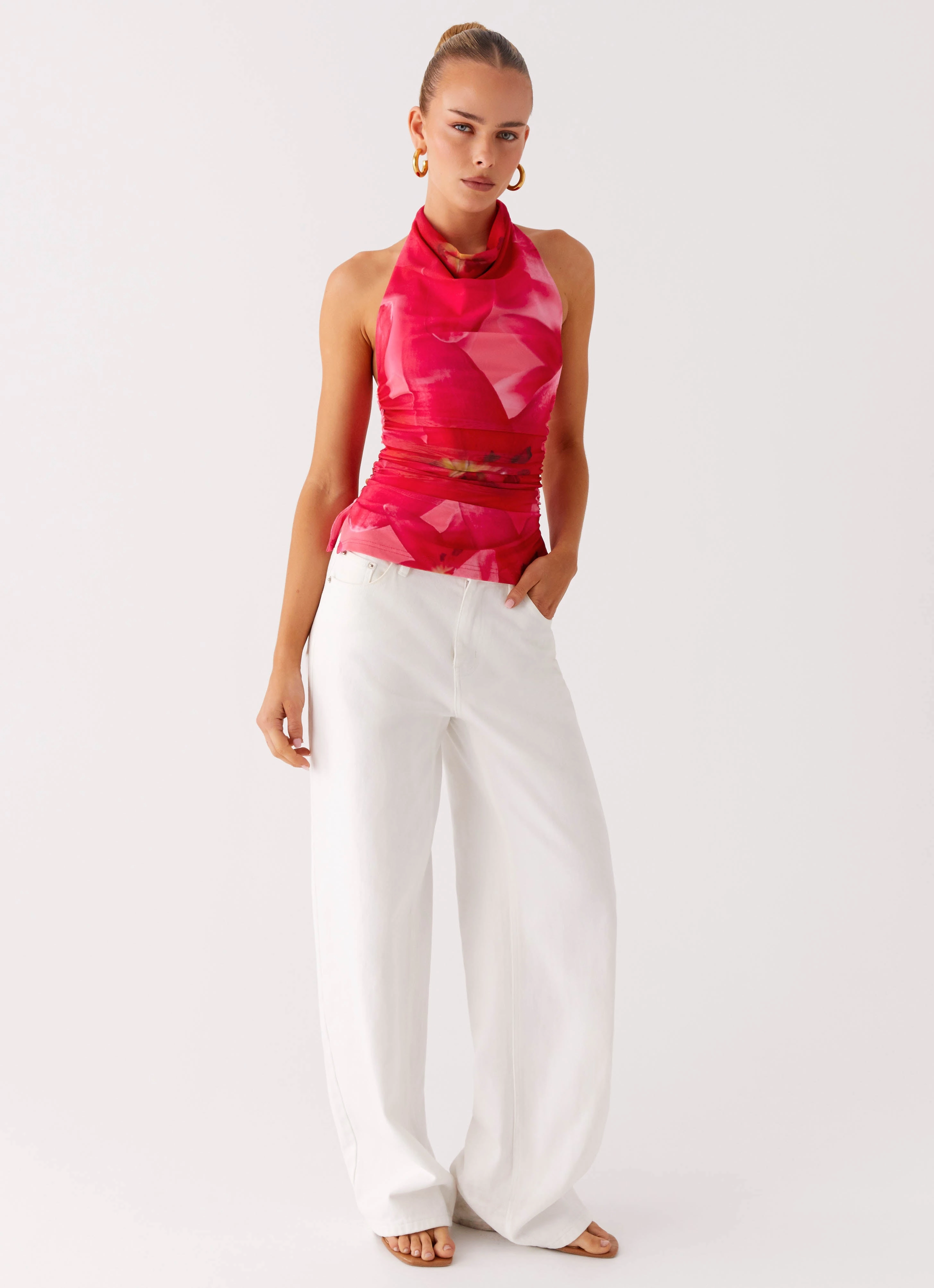 Delany Halter Top - Peach Watermelon Flower Airflow Vents