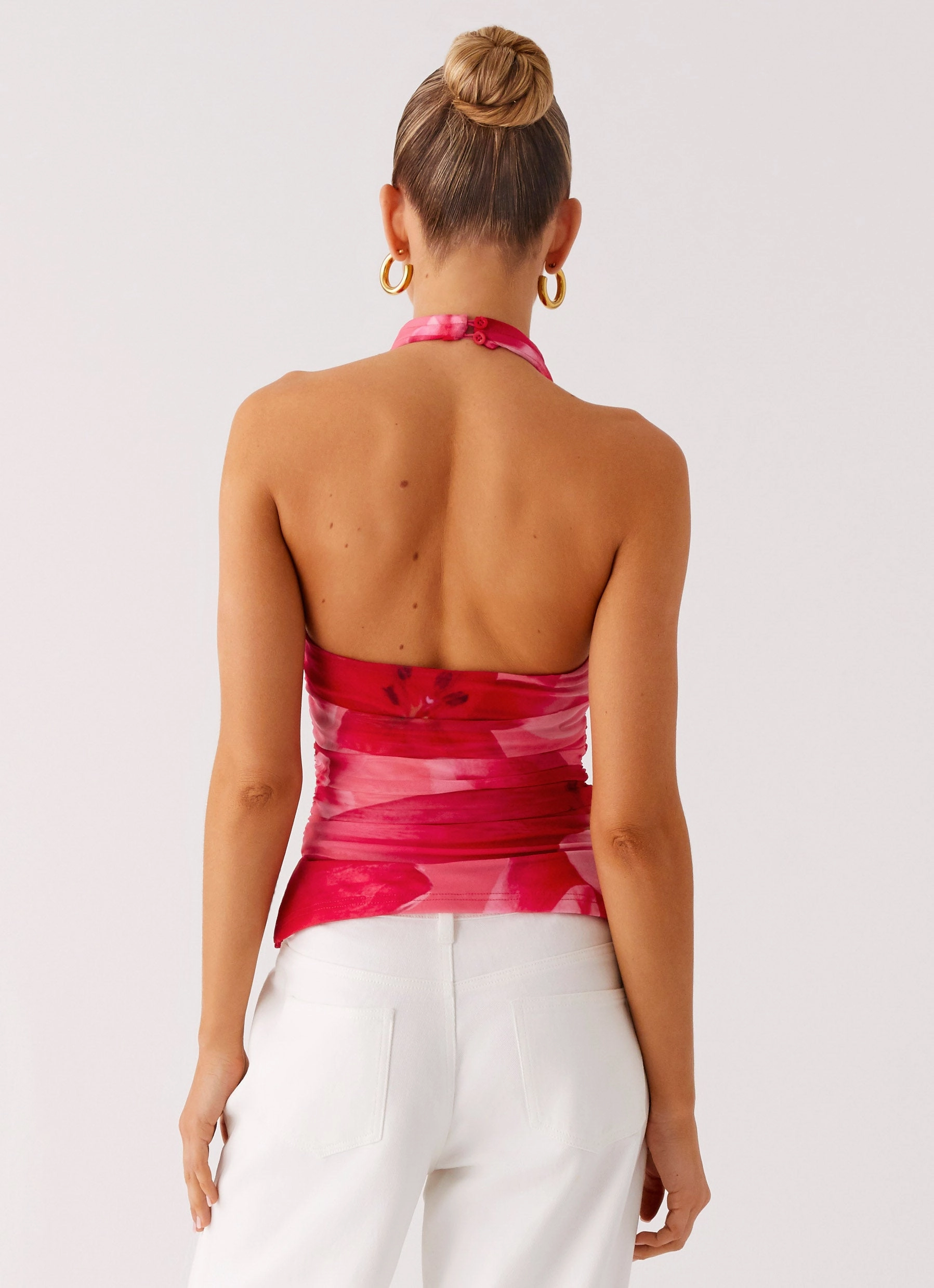HighStretchElastic Low Profile Zipper Delany Halter Top - Peach Watermelon Flower