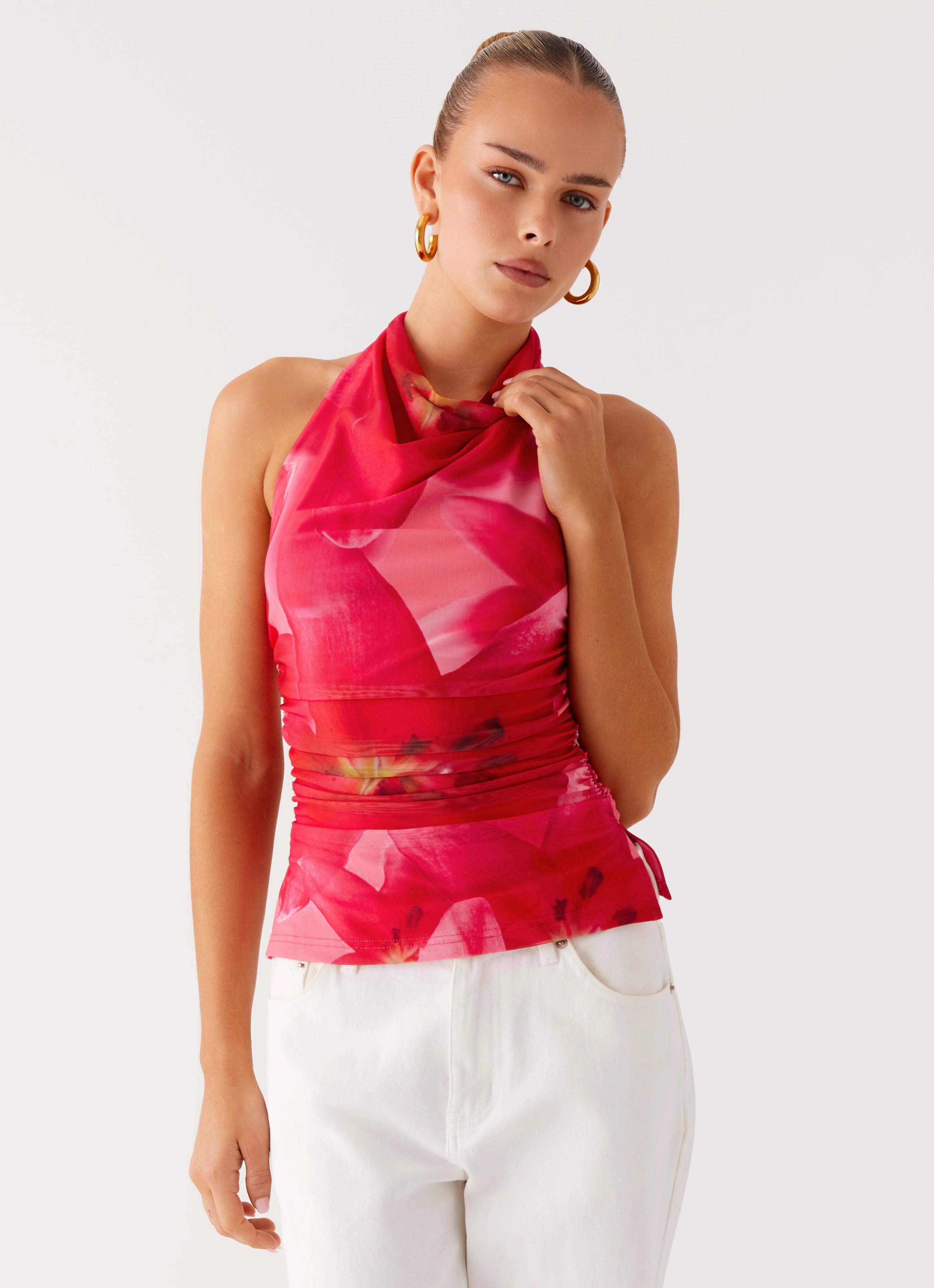 Delany Halter Top - Peach Watermelon Flower BreathableMeshInsert