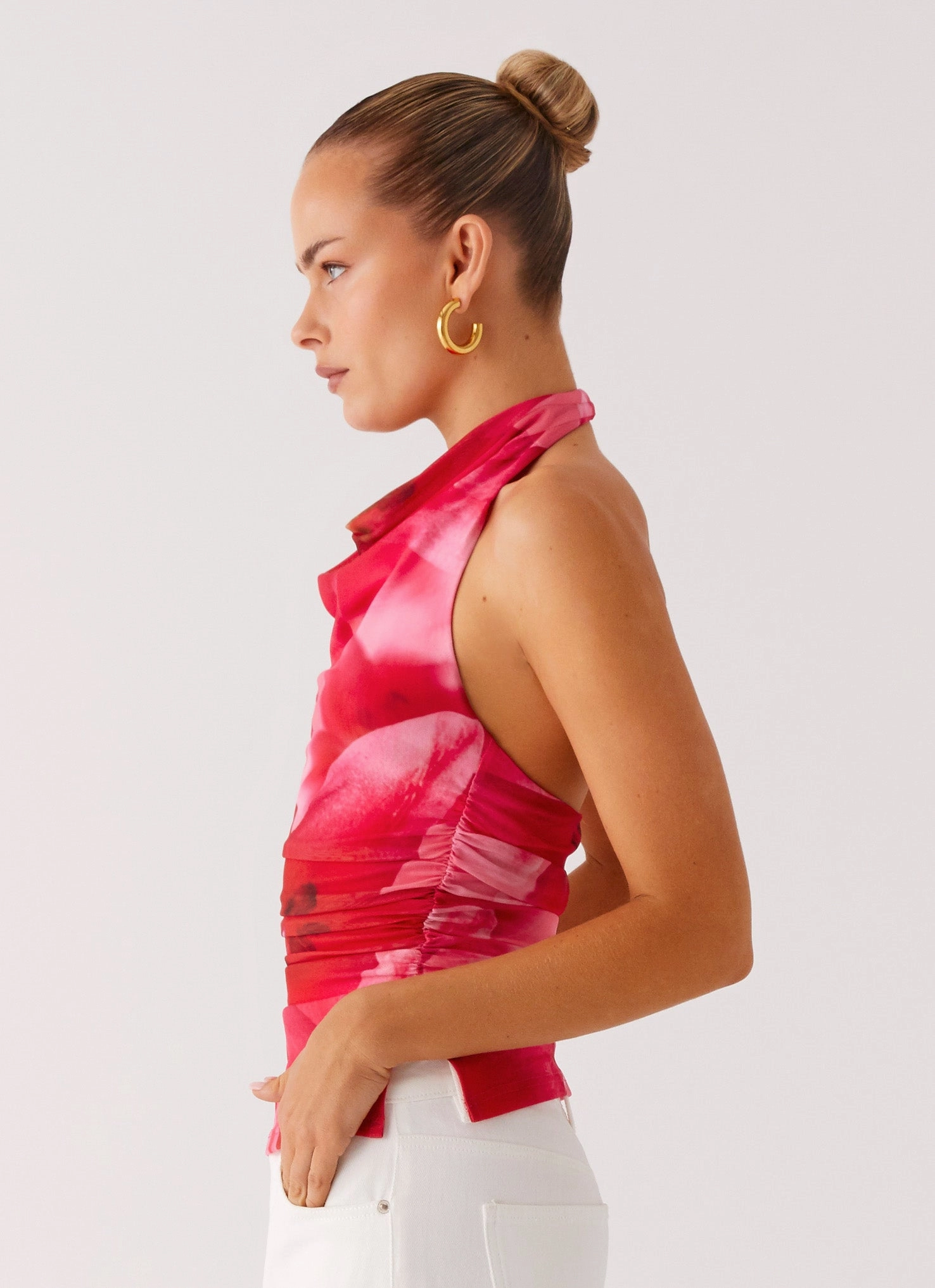 Delany Halter Top - Peach Watermelon Flower LayeredCollar Multi Way Adjustable Fit