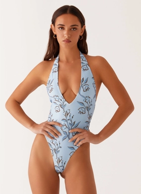 Delia One Piece Swimsuit - Blue Floral Print AntiStaticLining