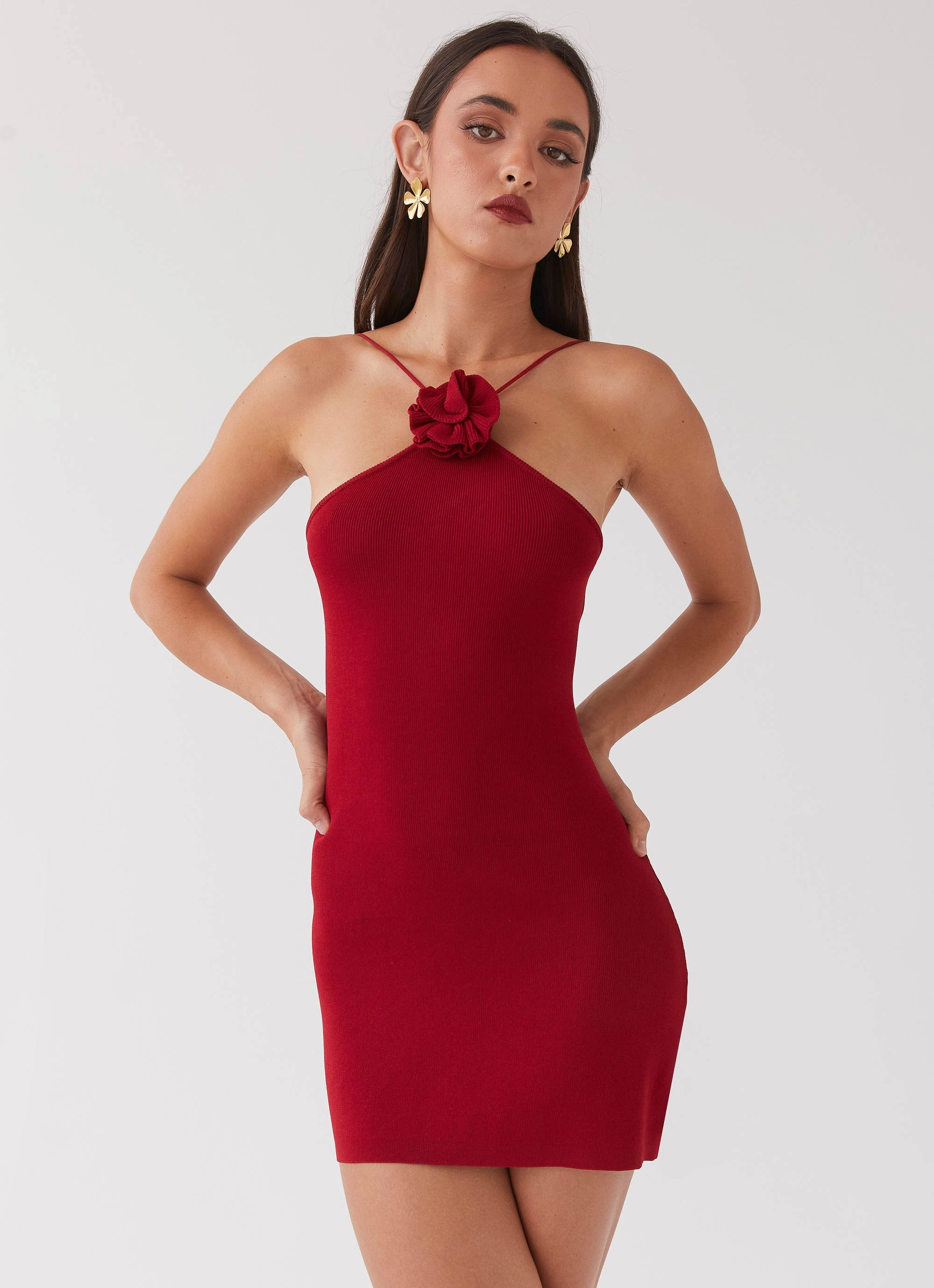 Removable-Straps Delphi Rose Knit Mini Dress - Rouge Red