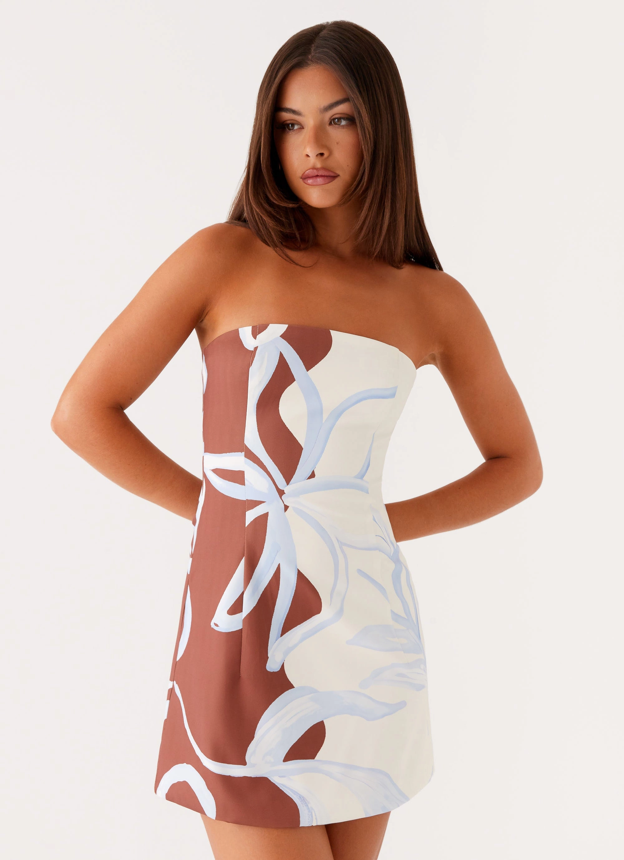 Layered Comfort NoiseFreeFabric Denby Strapless Mini Dress - Bloom Wave Print