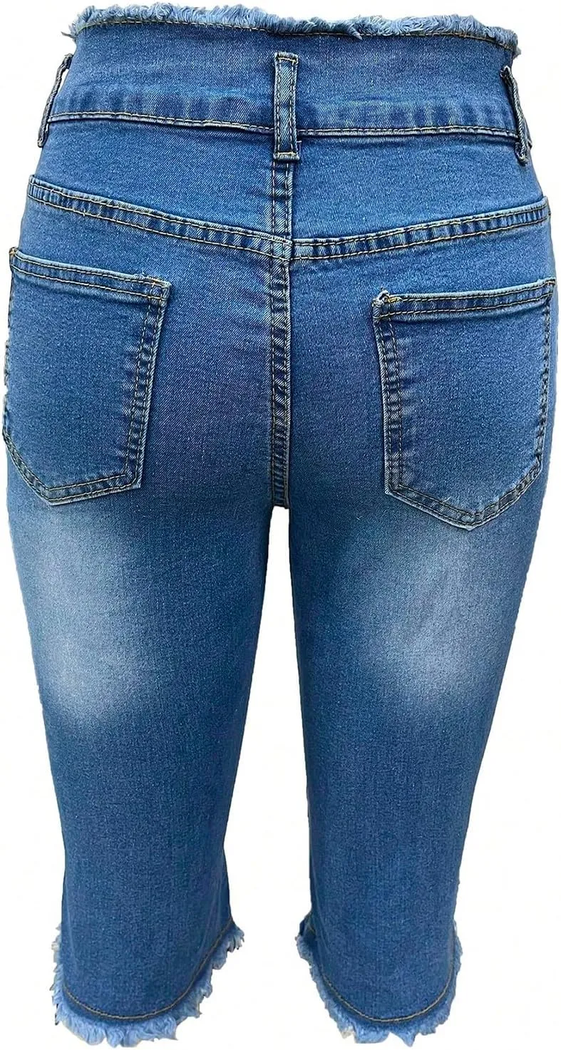 Denim Capris for Women Stretchy Low Rise Ripped Skinny Jeans Curvy Jeggings Distressed Denim Capri Leggings