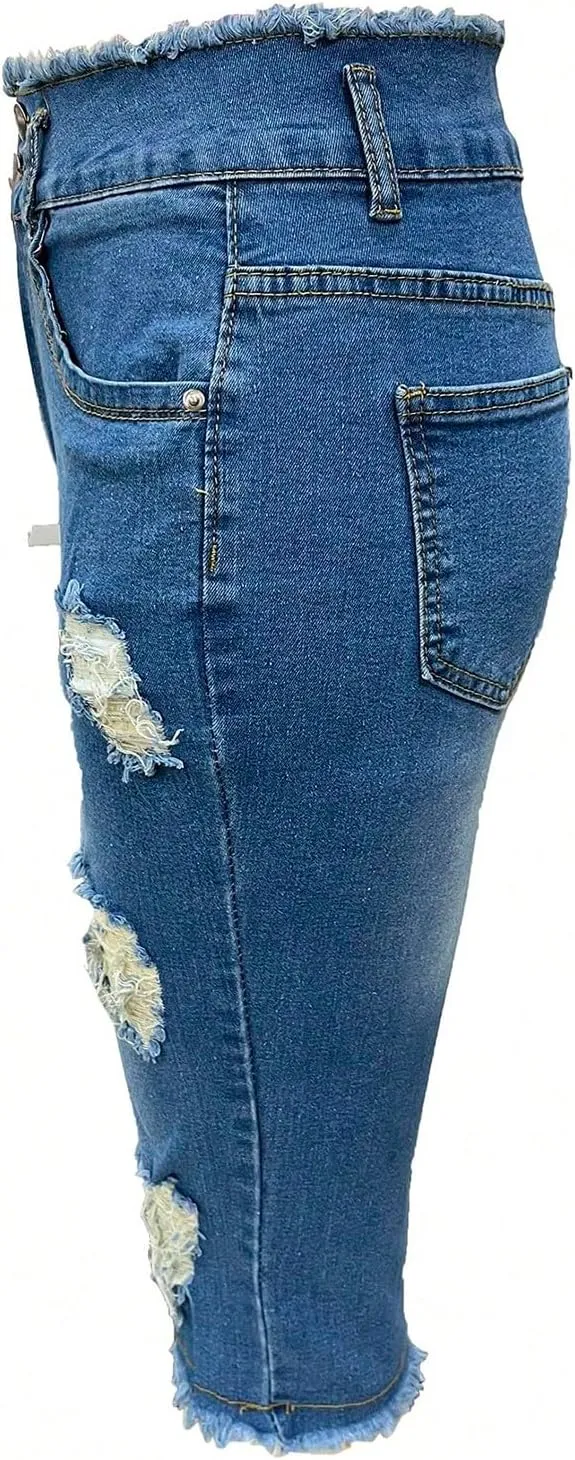Denim Capris for Women Stretchy Low Rise Ripped Skinny Jeans Curvy Jeggings Distressed Denim Capri Leggings