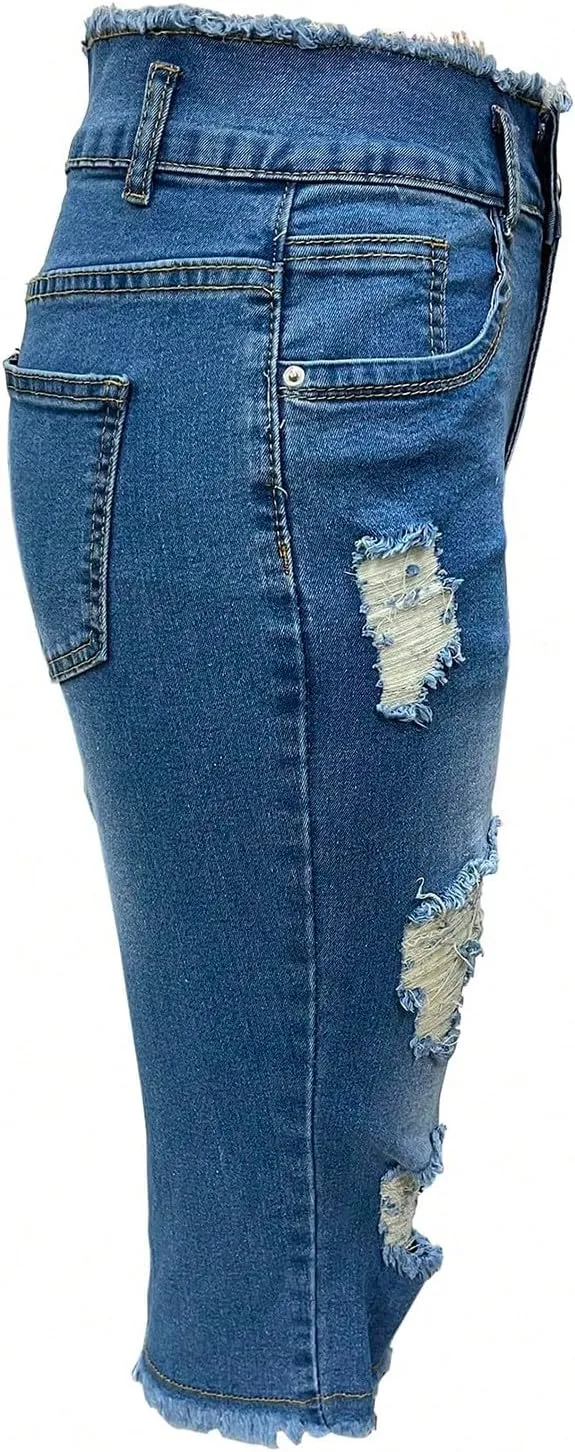 Denim Capris for Women Stretchy Low Rise Ripped Skinny Jeans Curvy Jeggings Distressed Denim Capri Leggings
