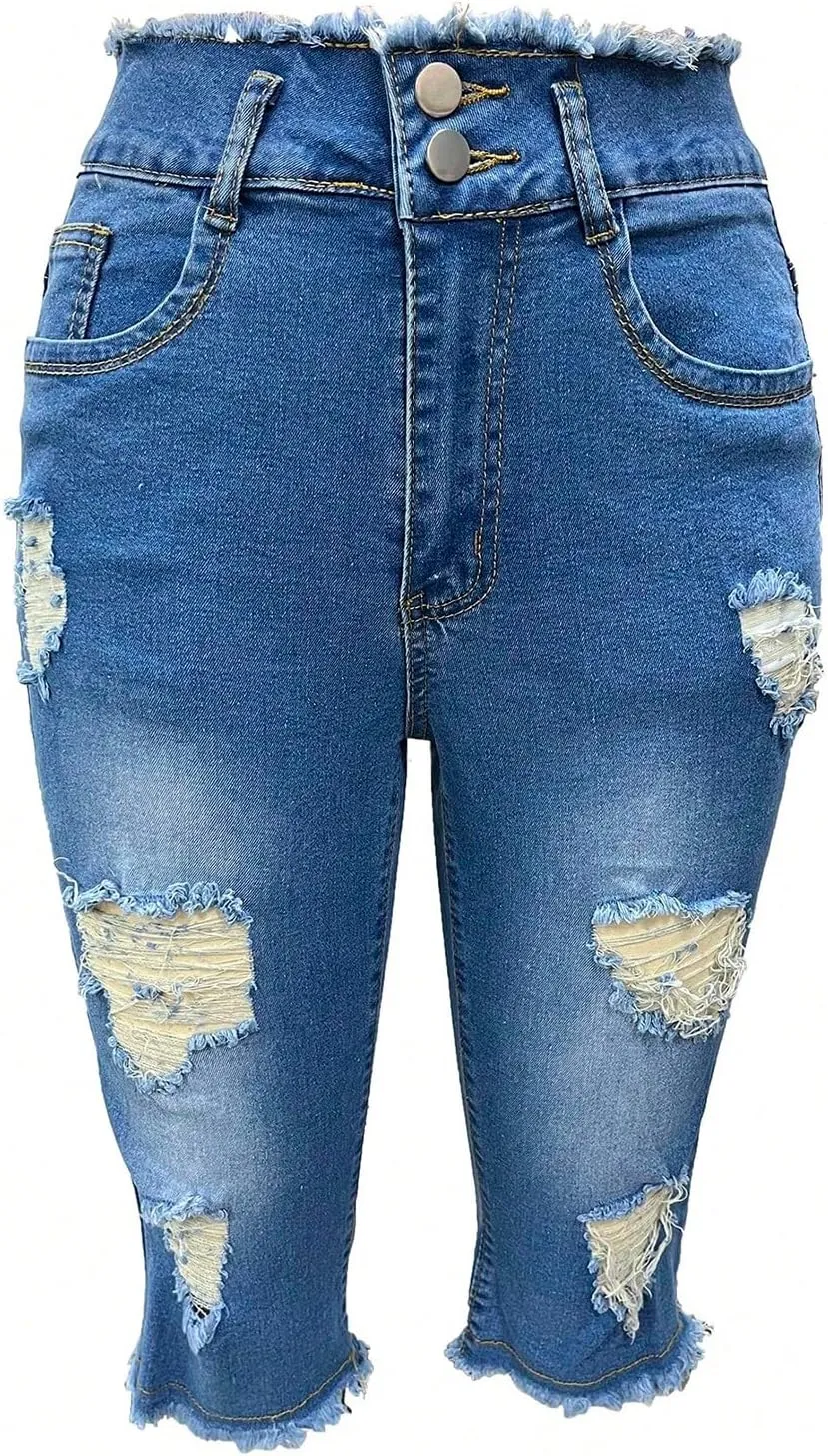 Denim Capris for Women Stretchy Low Rise Ripped Skinny Jeans Curvy Jeggings Distressed Denim Capri Leggings