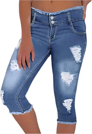 Denim Capris for Women Stretchy Low Rise Ripped Skinny Jeans Curvy Jeggings Distressed Denim Capri Leggings