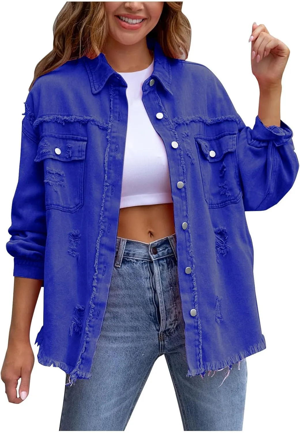 Denim Jacket for Women Casual Fall Frayed Washed Long Sleeve Button Distressed Fray Hem Jean Jackets