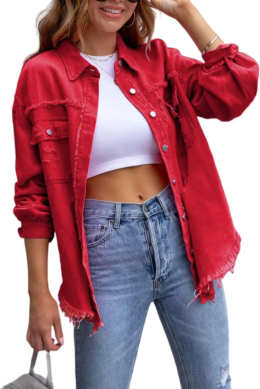 Denim Jacket for Women Casual Fall Frayed Washed Long Sleeve Button Distressed Fray Hem Jean Jackets