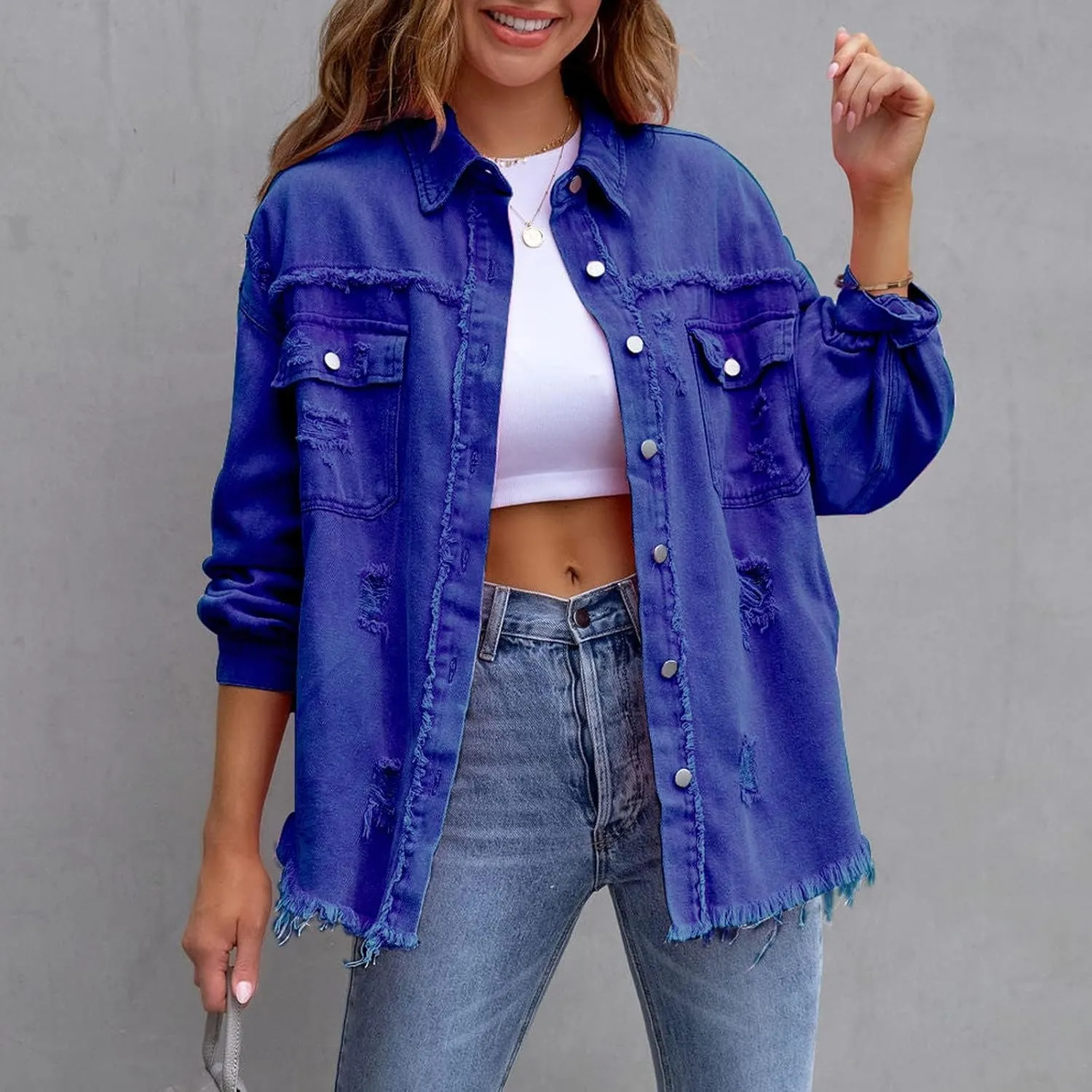 Denim Jacket for Women Casual Fall Frayed Washed Long Sleeve Button Distressed Fray Hem Jean Jackets