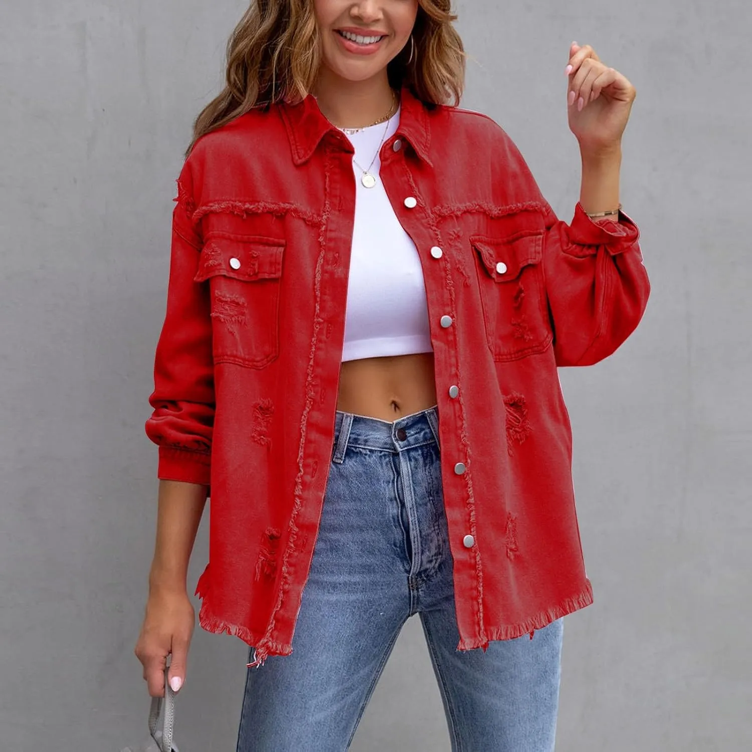 Denim Jacket for Women Casual Fall Frayed Washed Long Sleeve Button Distressed Fray Hem Jean Jackets