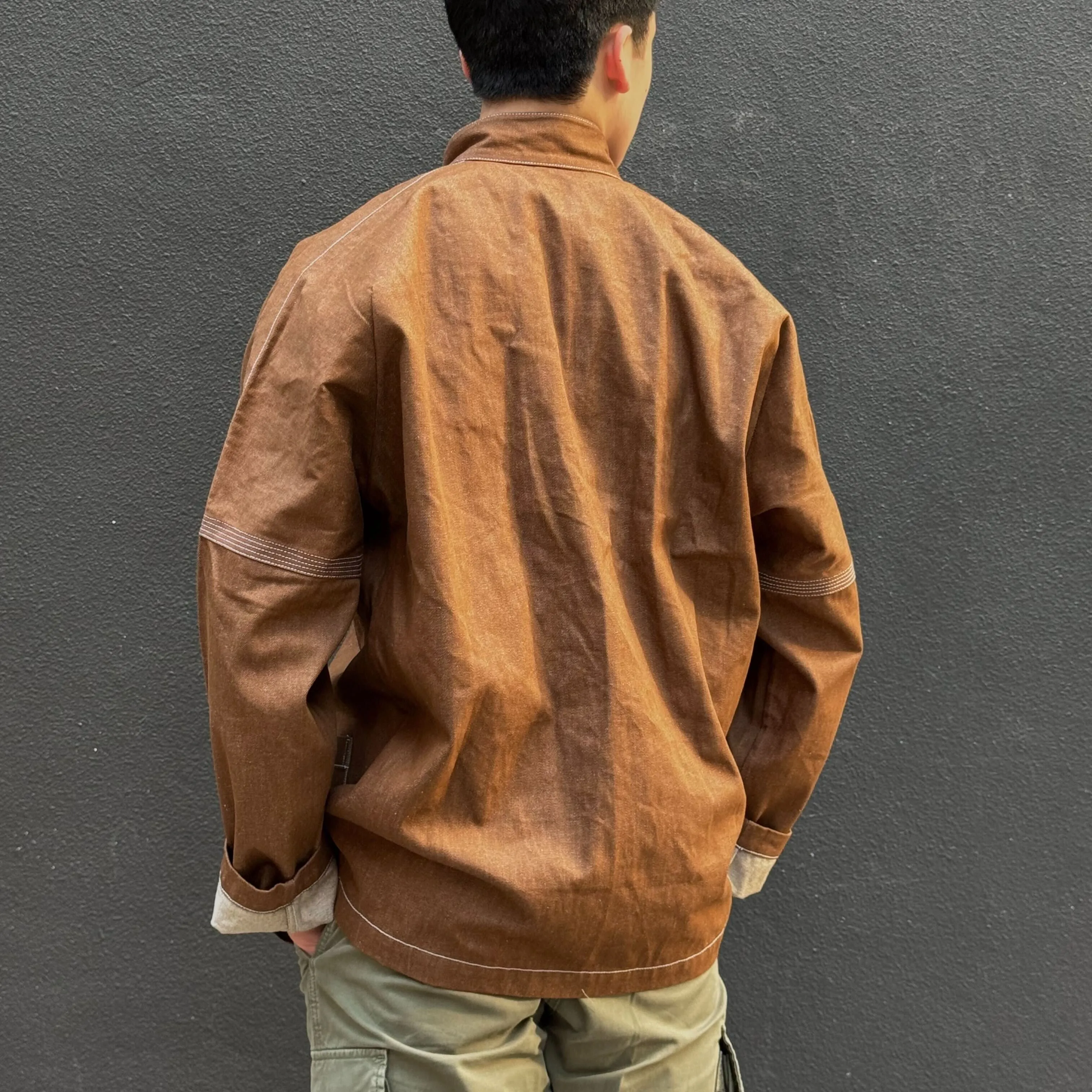 Denim Knot Button Jacket with 4 Pockets, Brown