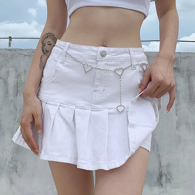 Denim Mini Pleated Skirt Ladies Summer High Waist Jeans Shorts Skirts Harajuku Women Ruffles