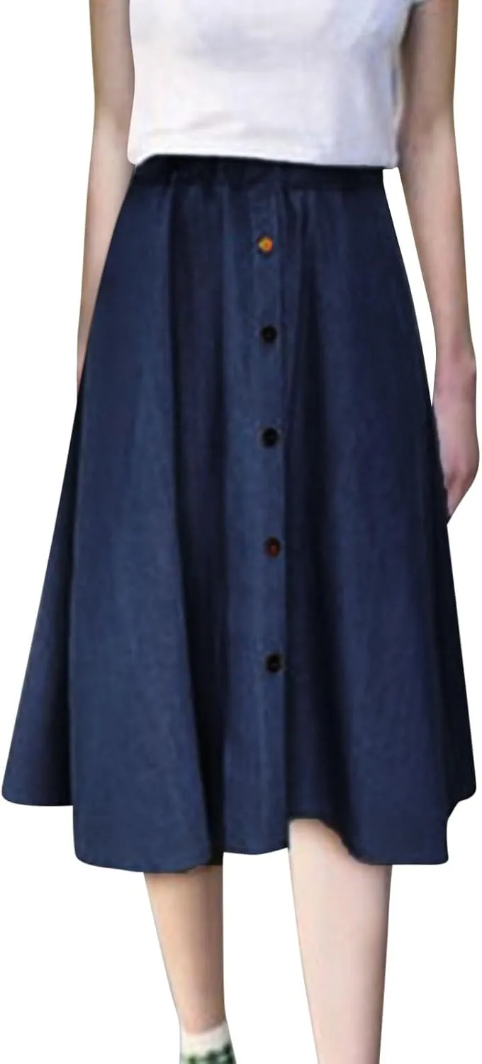 Denim Skirt for Women Elastic High Waist Button Front A Line Skirt Knee Length Stretchy Flared Flowy Skirts