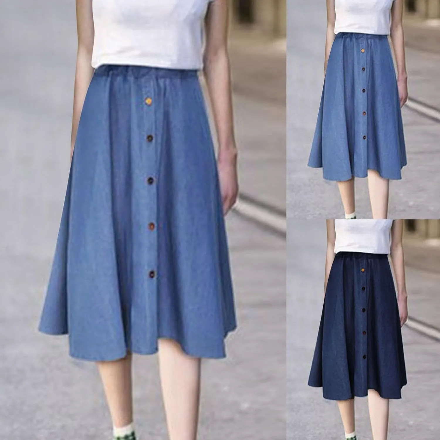 Denim Skirt for Women Elastic High Waist Button Front A Line Skirt Knee Length Stretchy Flared Flowy Skirts