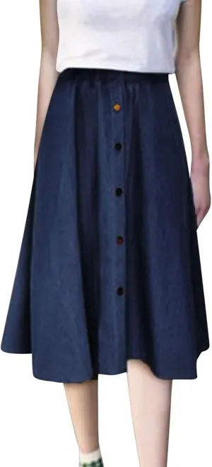 Denim Skirt for Women Elastic High Waist Button Front A Line Skirt Knee Length Stretchy Flared Flowy Skirts