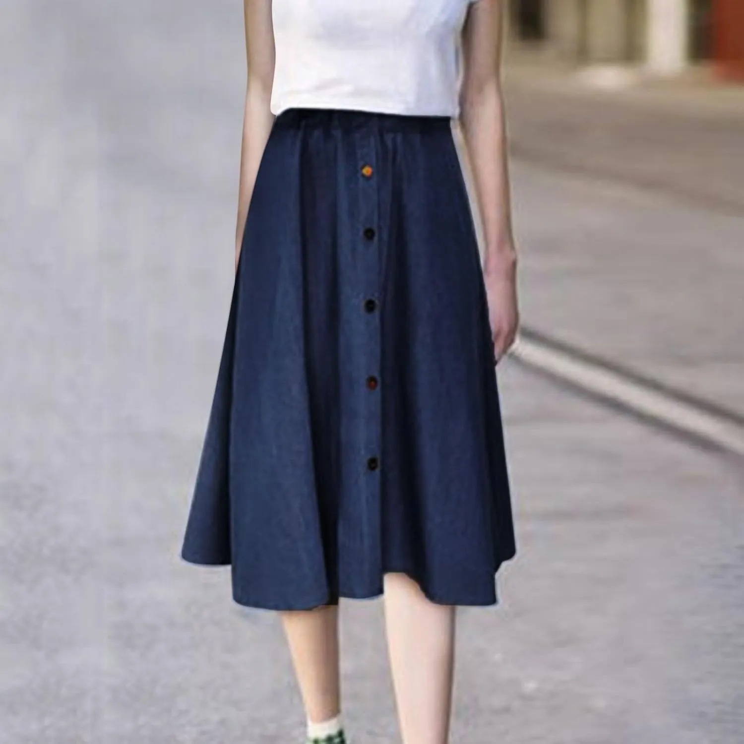 Denim Skirt for Women Elastic High Waist Button Front A Line Skirt Knee Length Stretchy Flared Flowy Skirts