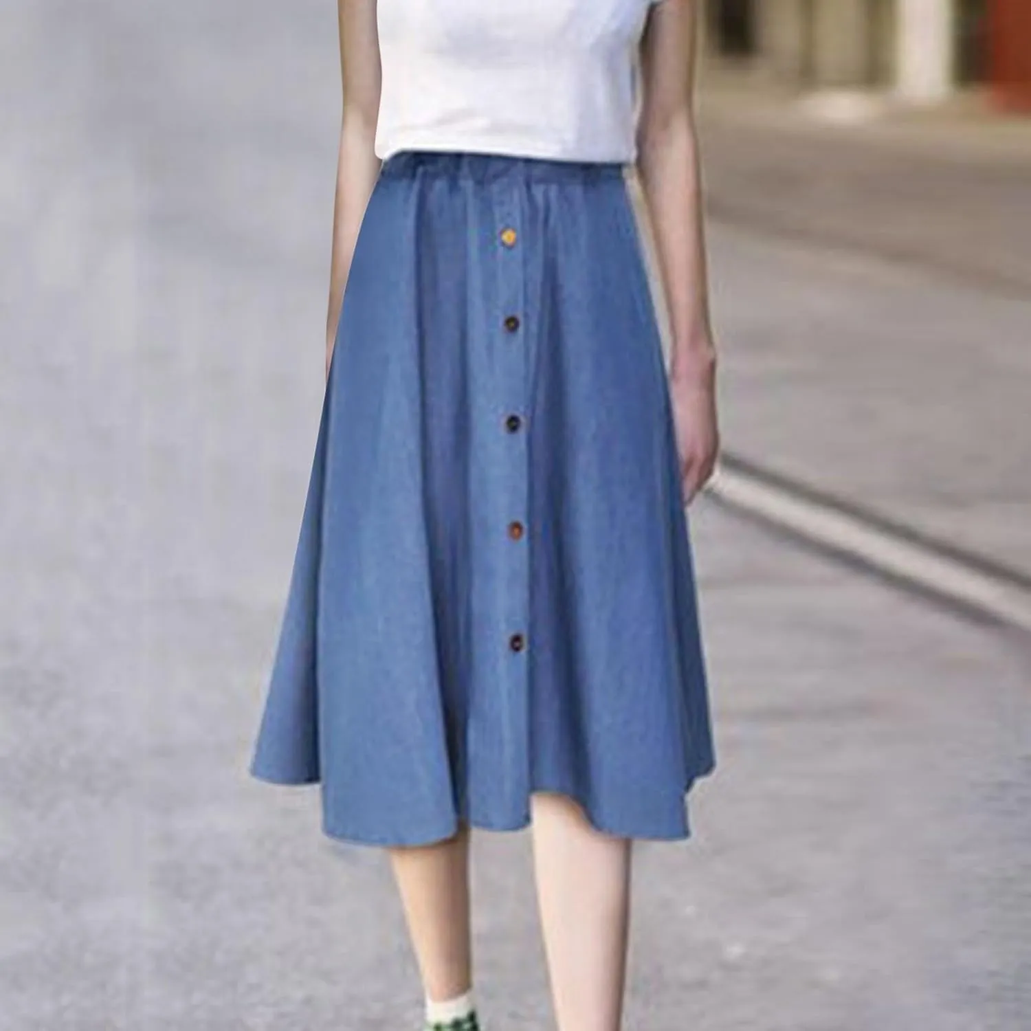 Denim Skirt for Women Elastic High Waist Button Front A Line Skirt Knee Length Stretchy Flared Flowy Skirts