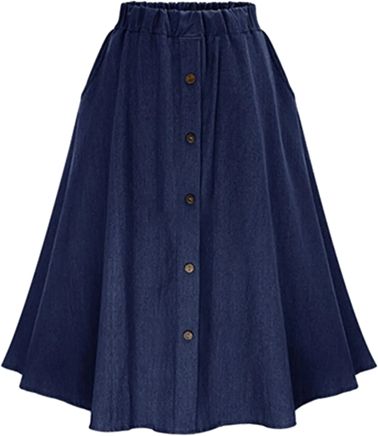 Denim Skirt for Women Elastic High Waist Button Front A Line Skirt Knee Length Stretchy Flared Flowy Skirts