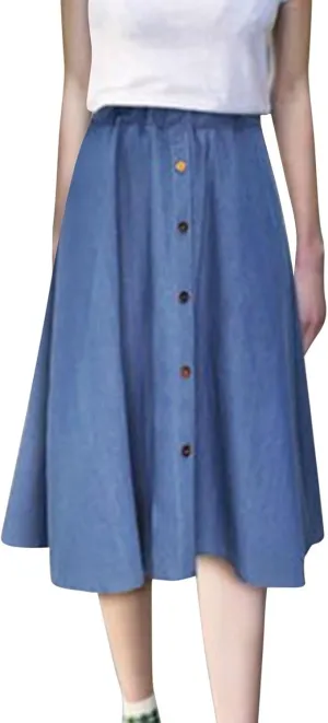 Denim Skirt for Women Elastic High Waist Button Front A Line Skirt Knee Length Stretchy Flared Flowy Skirts