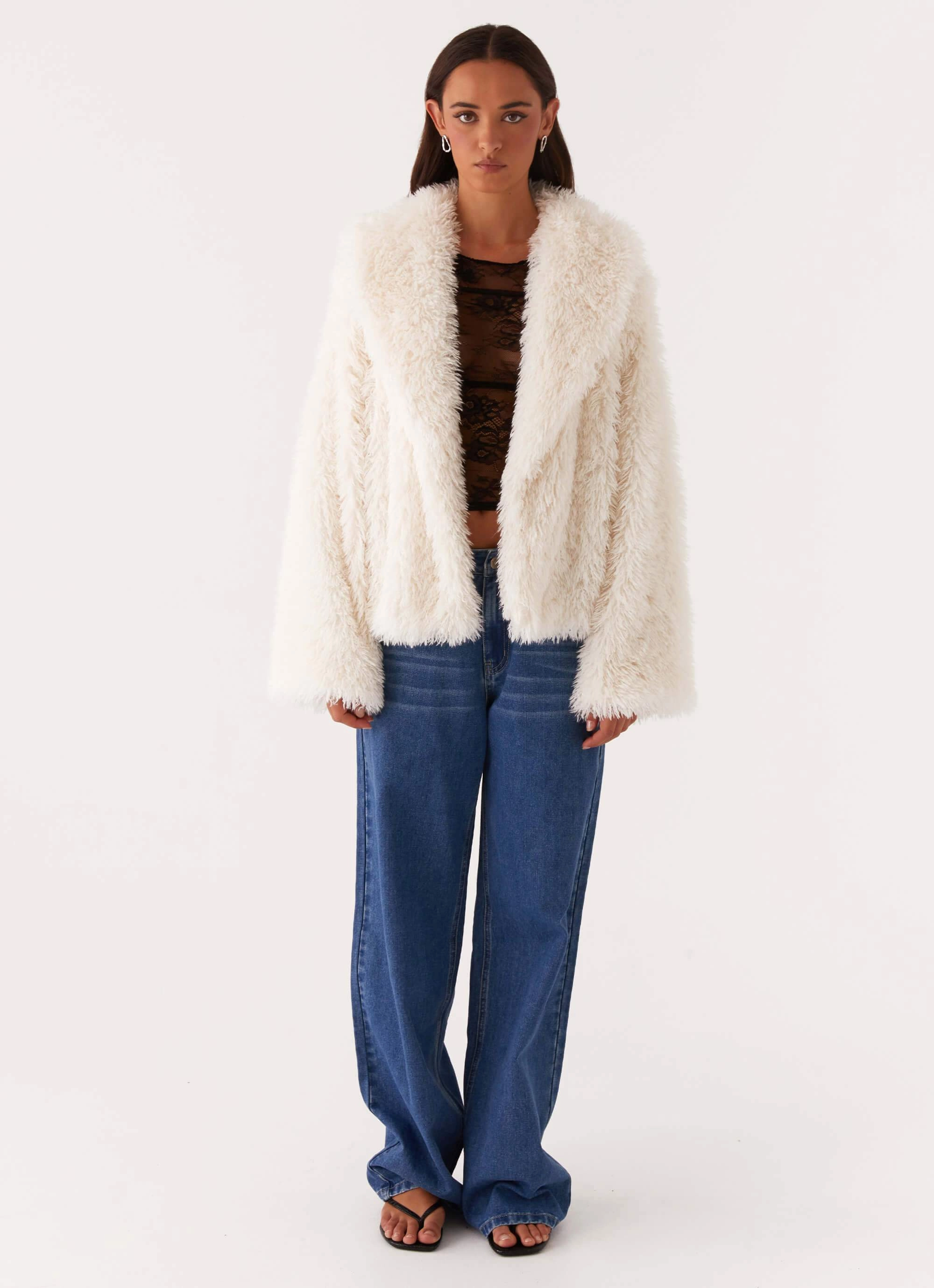 Denver Oversized Fur Jacket - Ivory Flatlock stitching