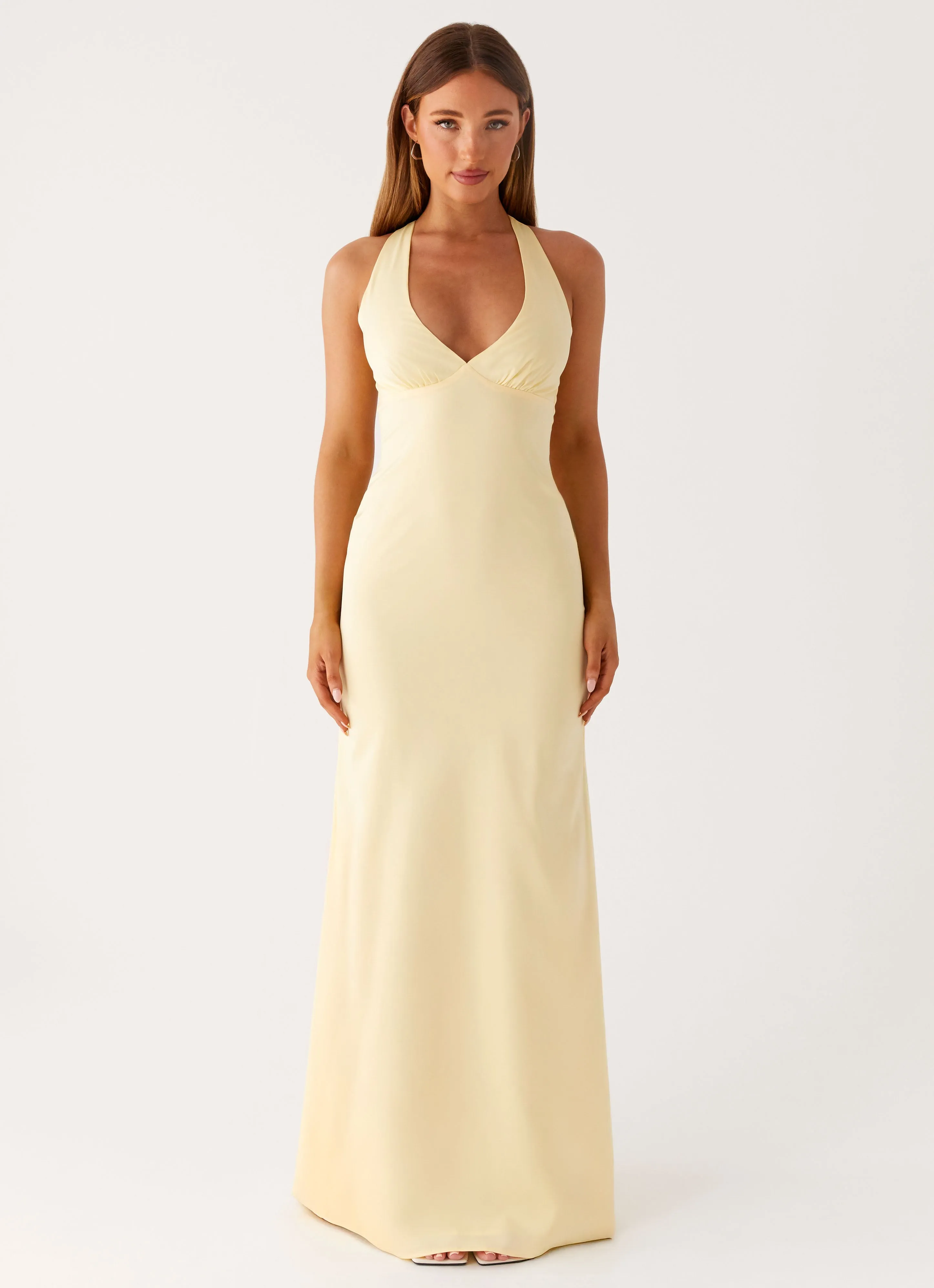 Desi Halterneck Maxi Dress - Yellow Satin-Sleeve Casual Chic Wear