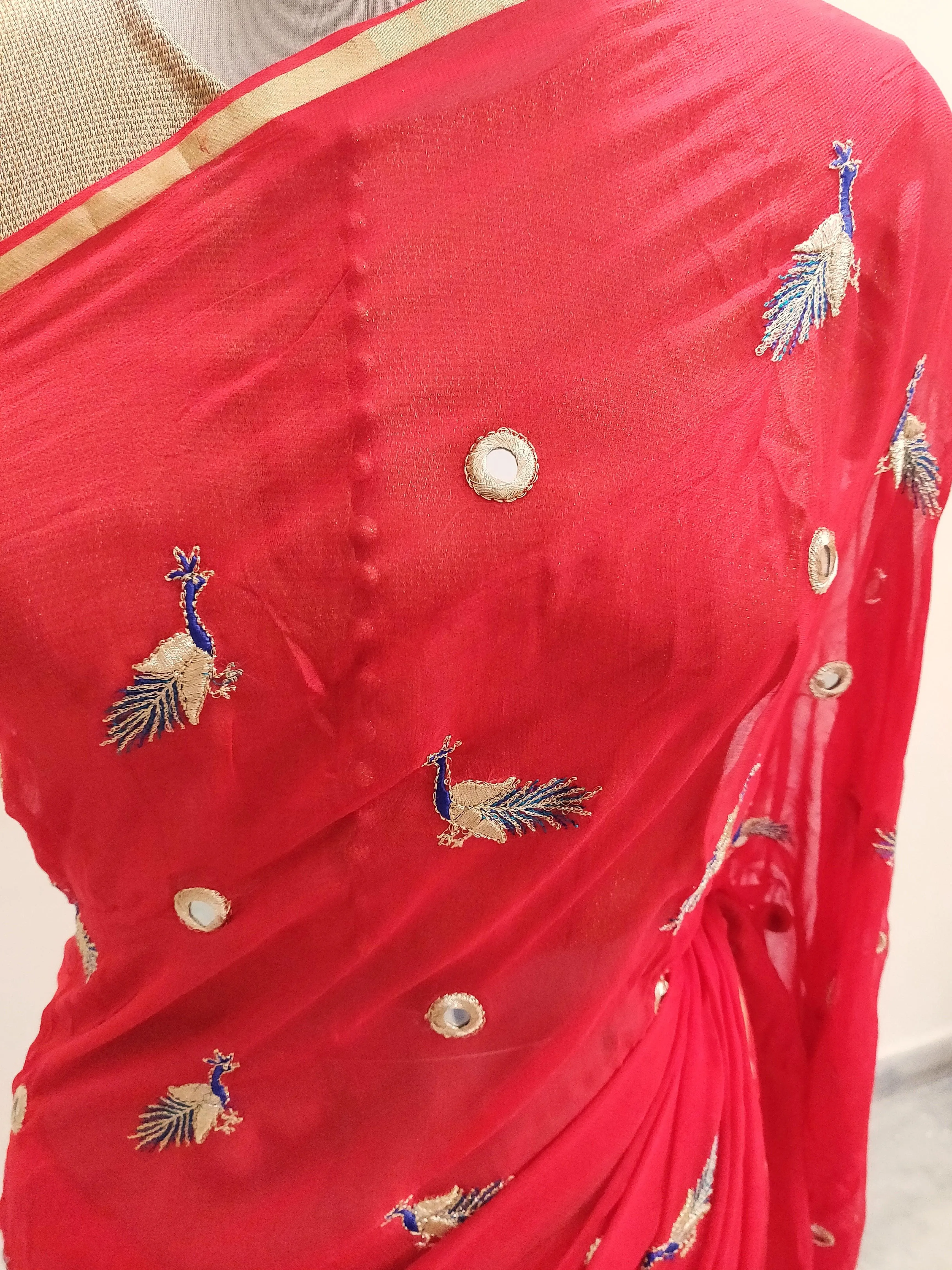 Designer Red Chiffon Georgette Peacock Motif Saree SP07