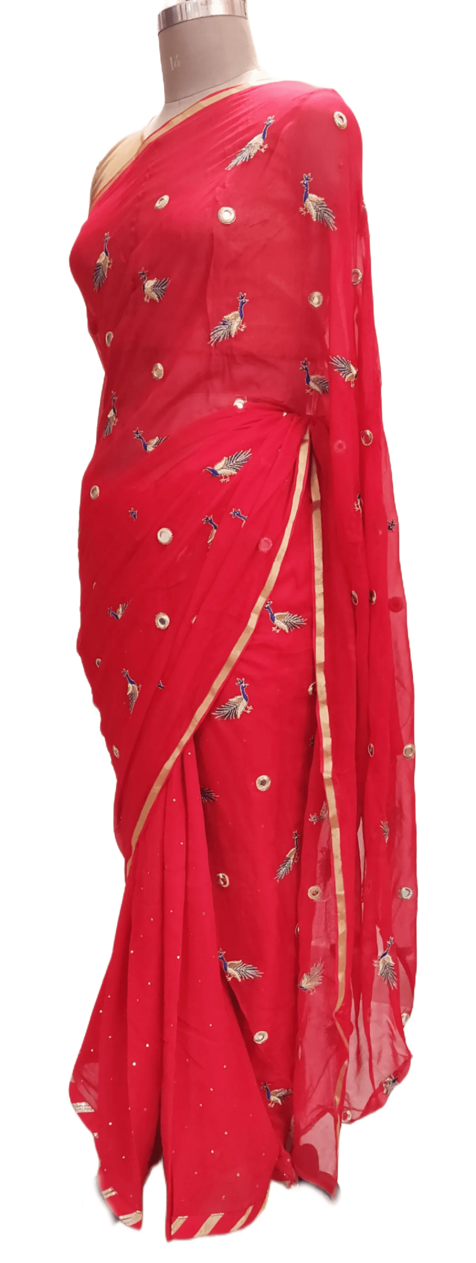 Designer Red Chiffon Georgette Peacock Motif Saree SP07