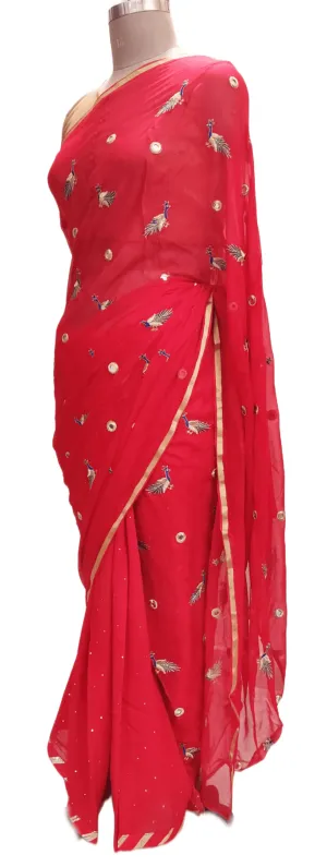 Designer Red Chiffon Georgette Peacock Motif Saree SP07