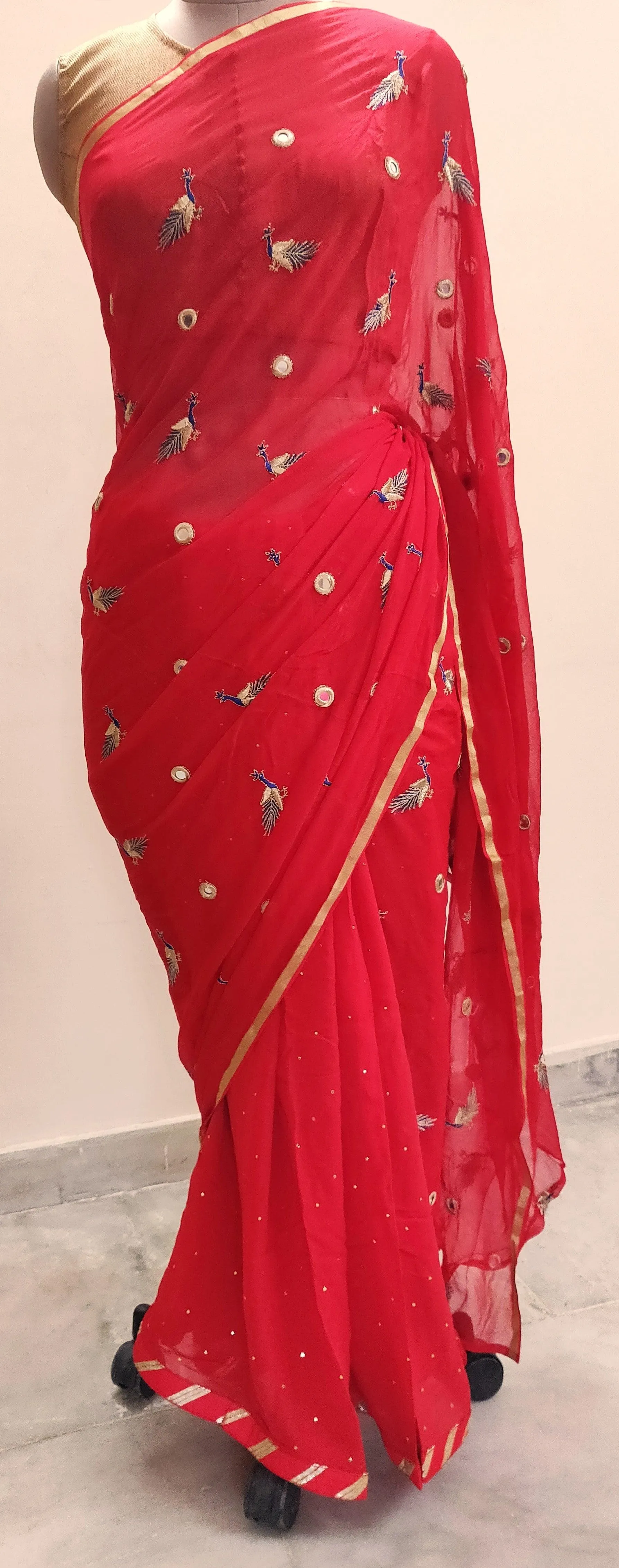 Designer Red Chiffon Georgette Peacock Motif Saree SP07