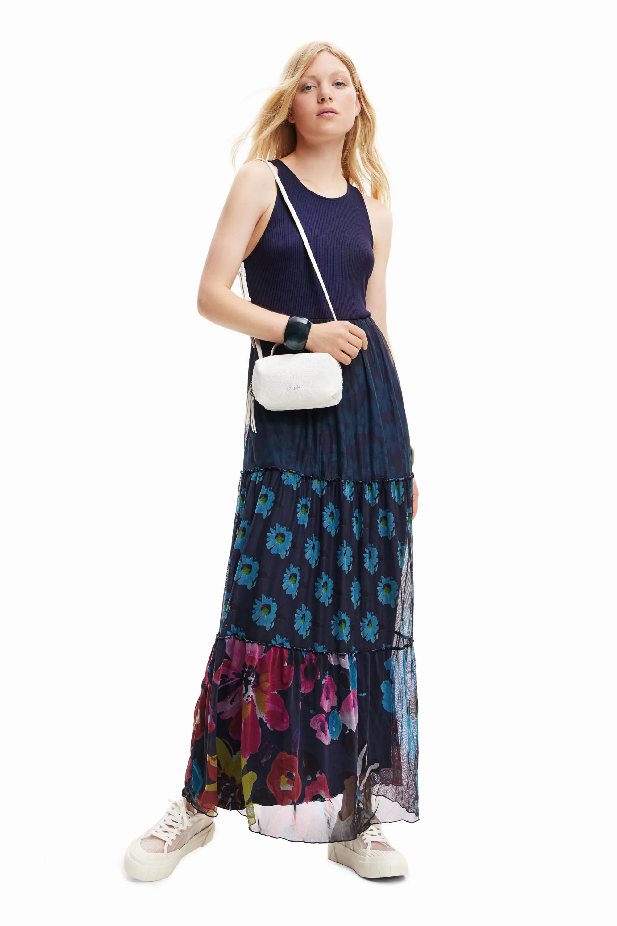 Desigual Dudas Navy Jersey Top Tulle Bottom Maxi Dress 23SWVK90