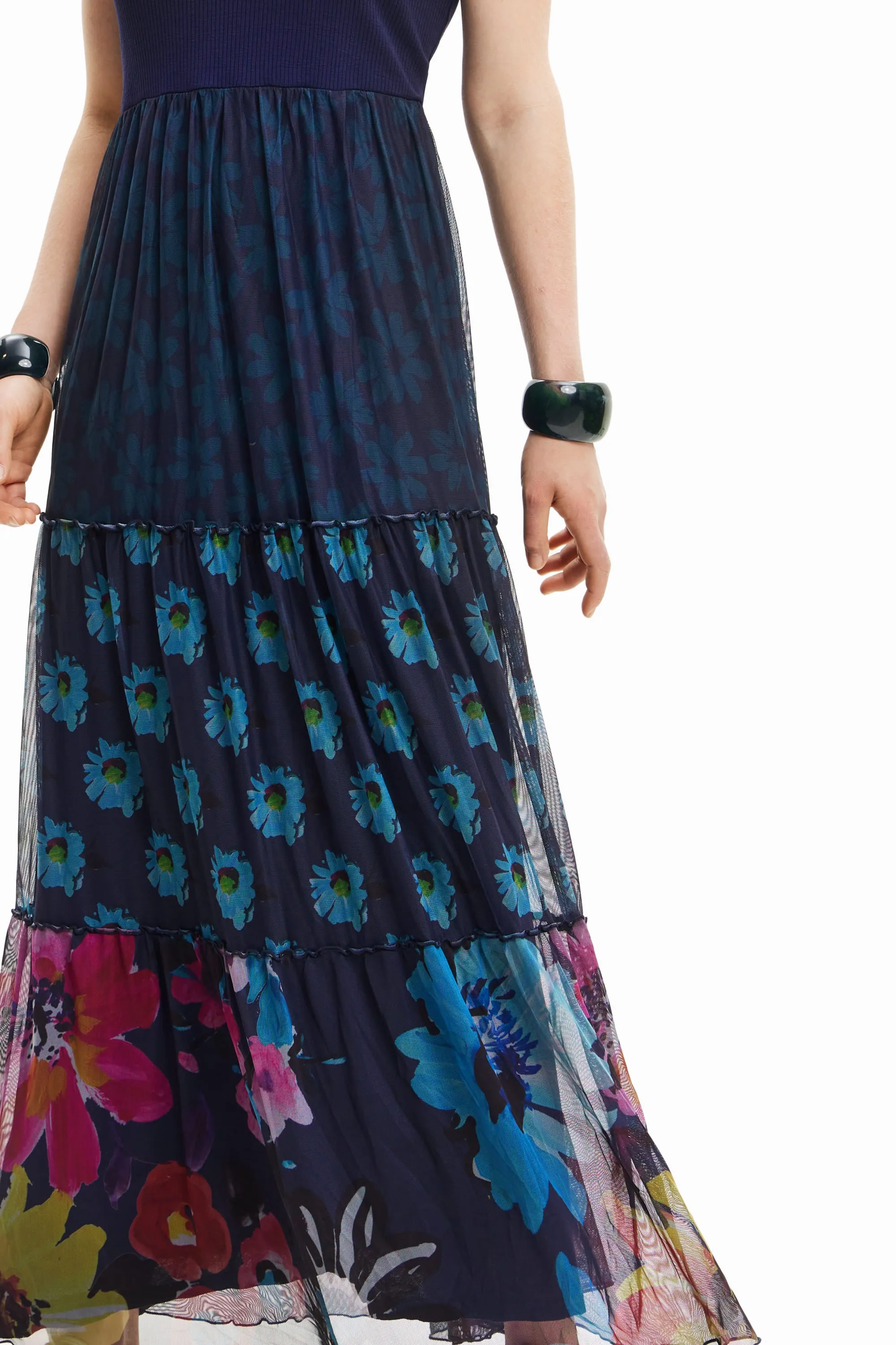 Desigual Dudas Navy Jersey Top Tulle Bottom Maxi Dress 23SWVK90