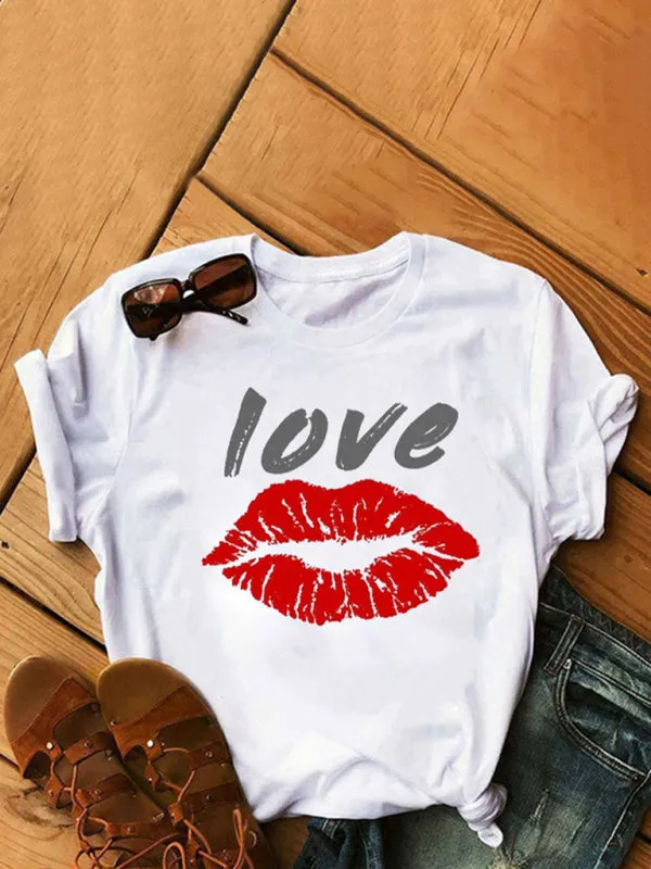 Destiny Women's Fashion Casual Lip Print Women's Short Sleeve T-Shirt