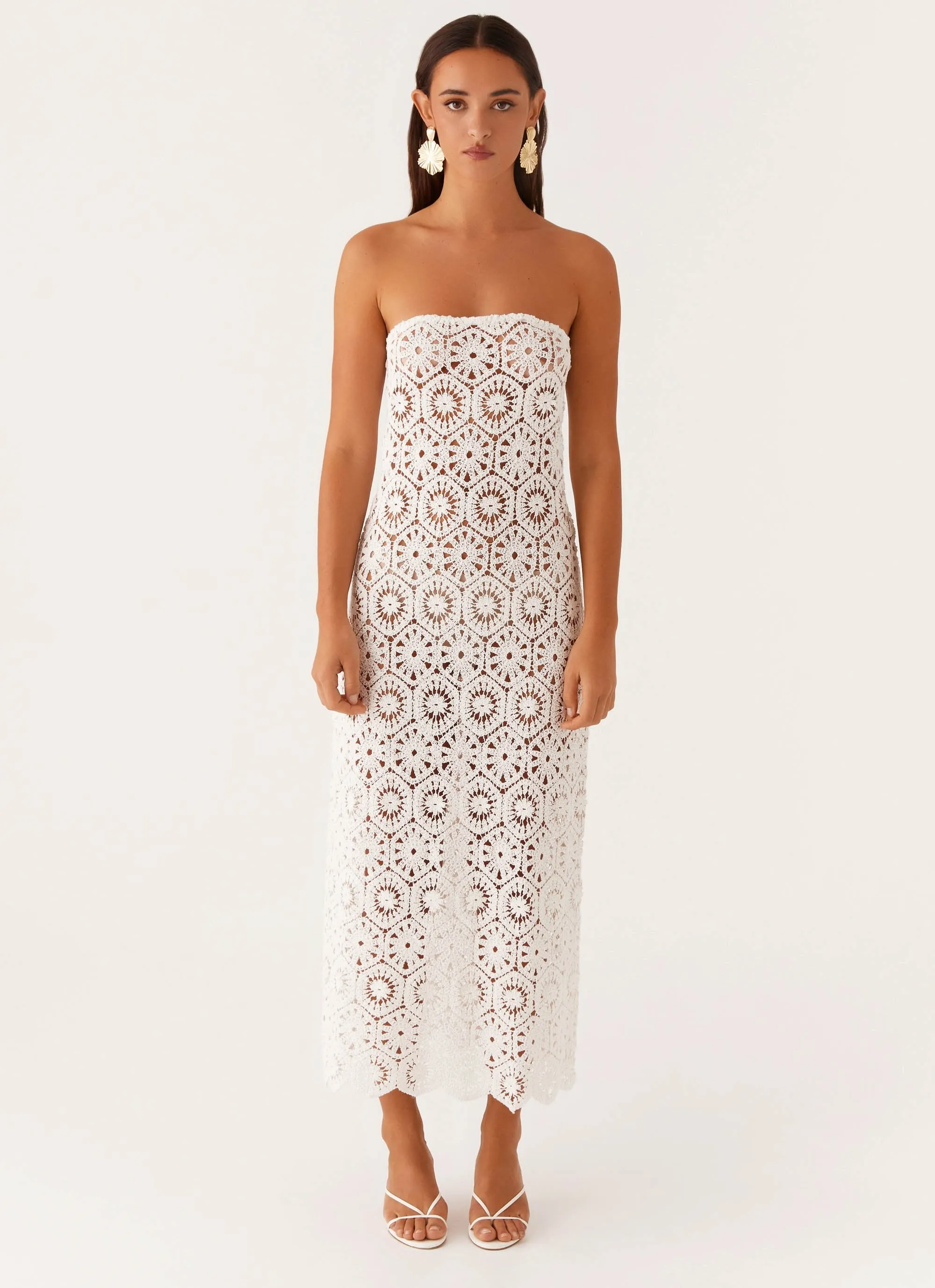 Adjustable Straps Kingsly Crochet Maxi Dress - White