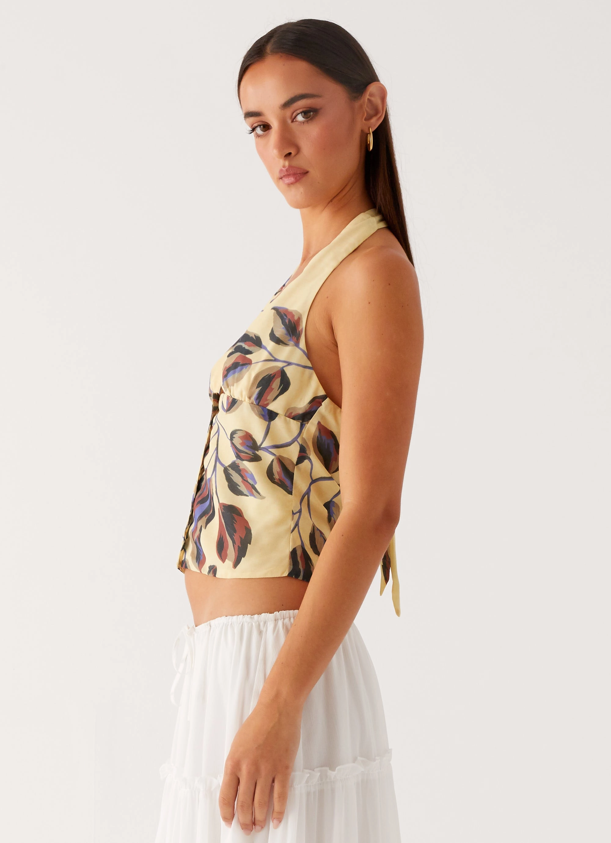 Devoted Halterneck Top - Buttercream Floral Soft Brushed Finish MoistureWicking Technology
