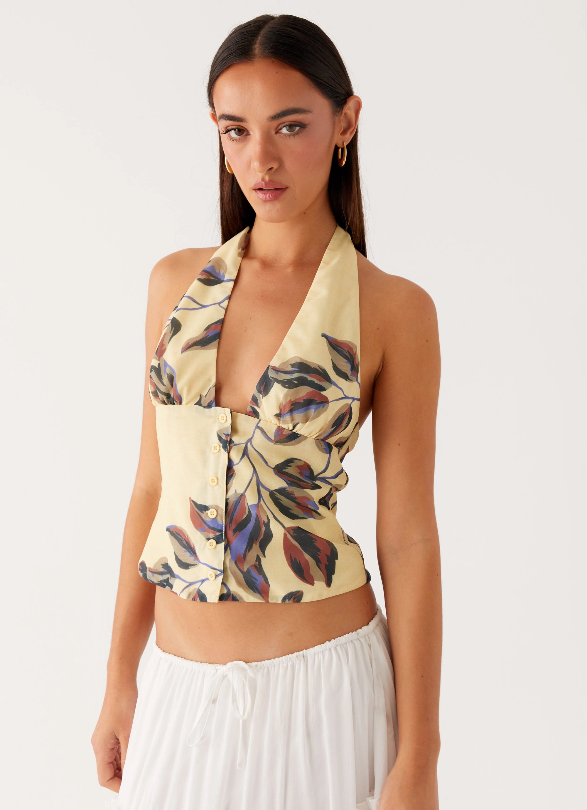 Devoted Halterneck Top - Buttercream Floral Contrast Stitch AbrasionResistantEdging