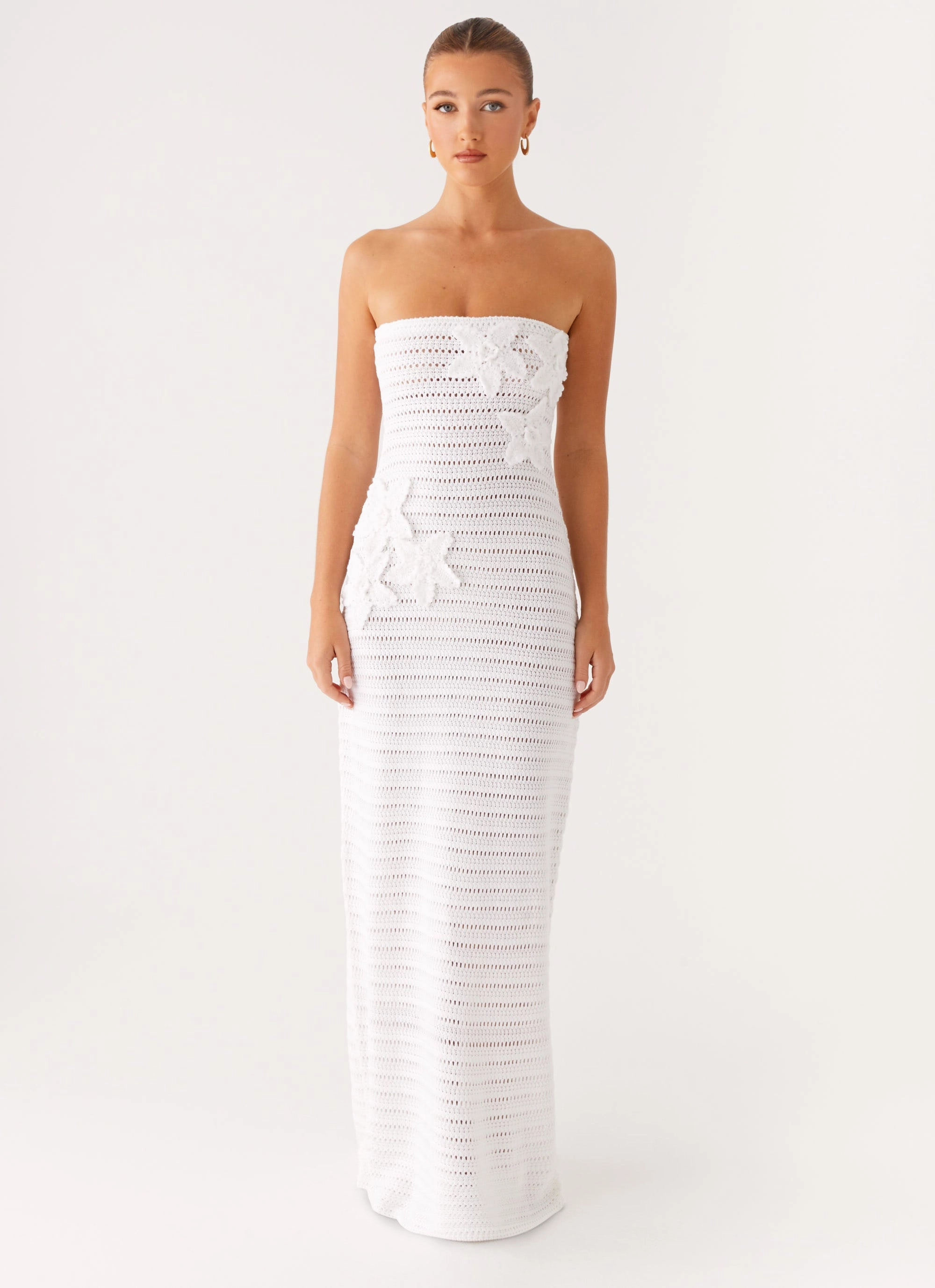 Diaz Crochet Maxi Dress - White Silky Form Chilly Day Comfort