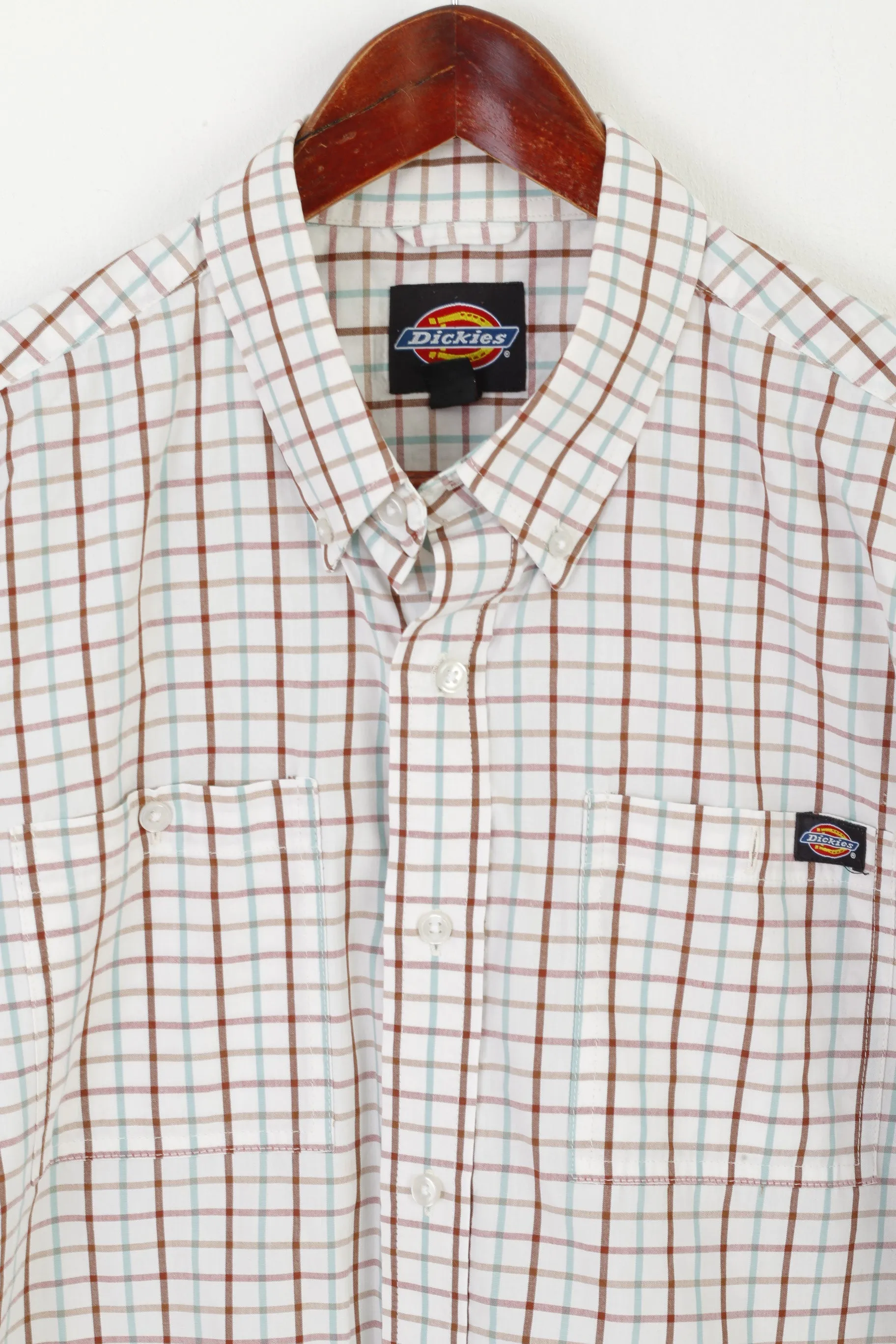 Dickies Men XL Casual Shirt Beige Checkered Cotton Blend Pocket Short Sleeve Top
