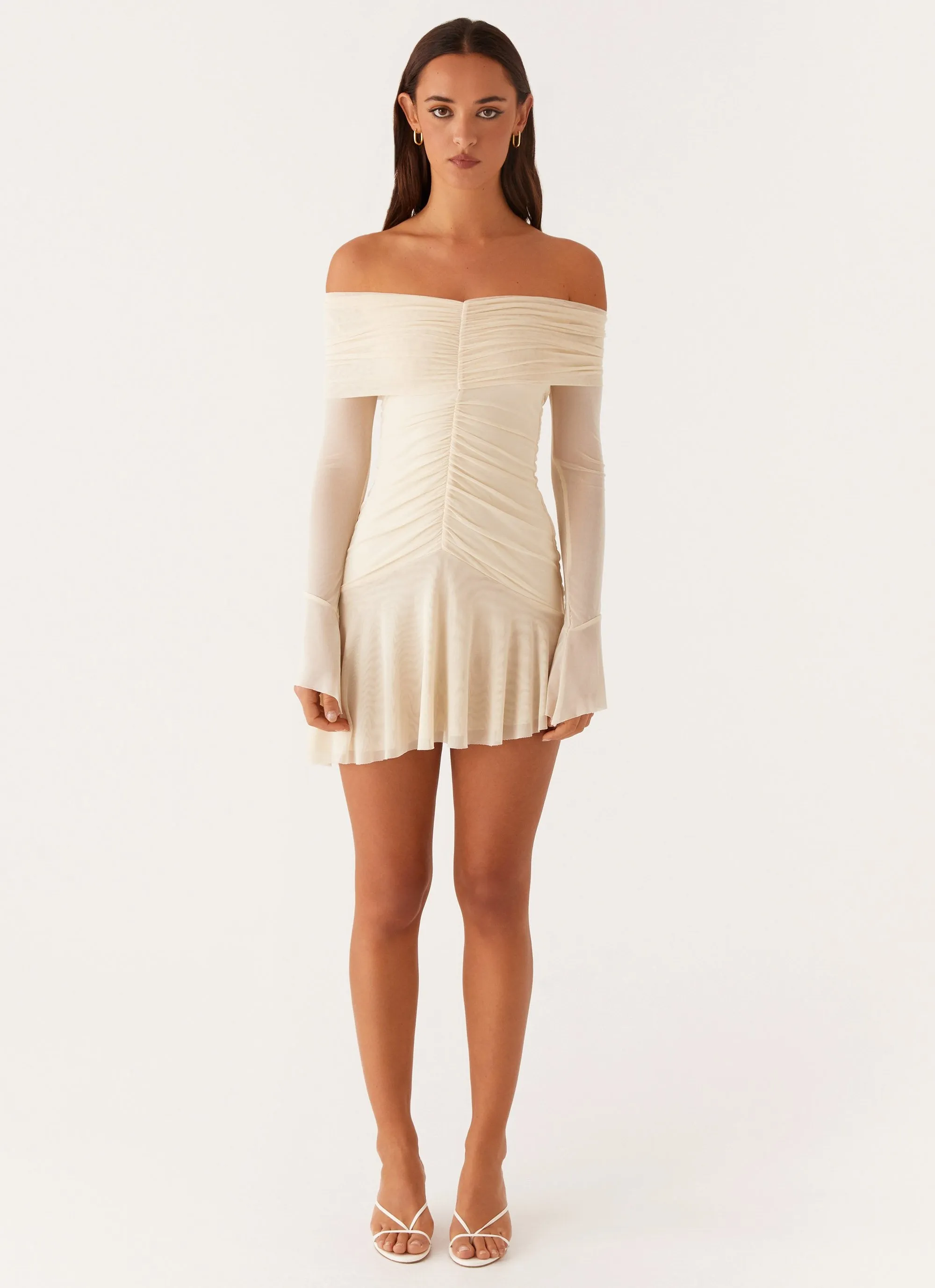 Ellis Ruched Mini Dress - Pastel Yellow Sleek long-sleeve dress Artistic Vibe