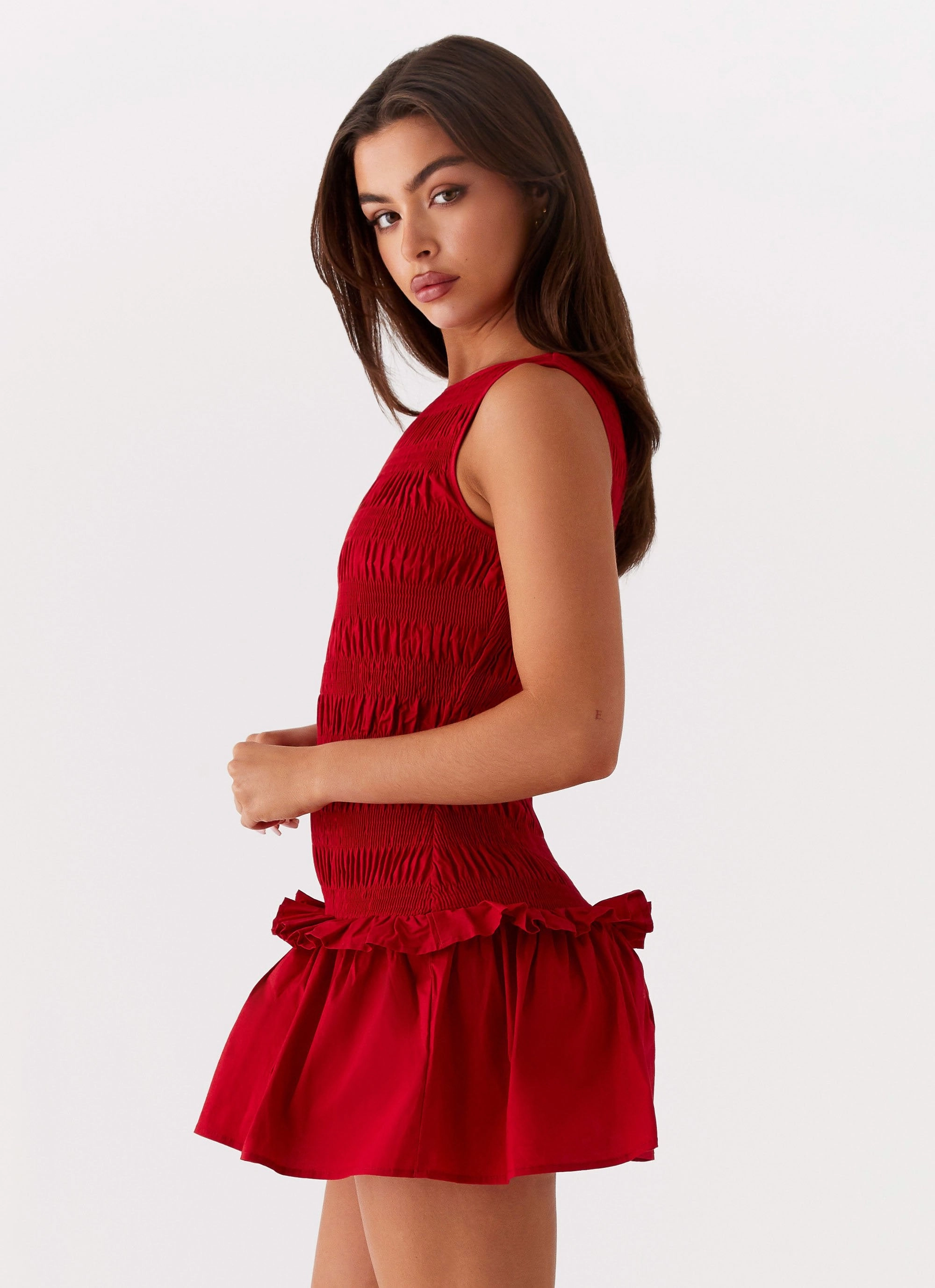 Everyday Piece Basic Warm Garden Kisses Shirred Mini Dress - Red