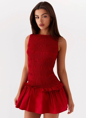 Refined Vibe Garden Kisses Shirred Mini Dress - Red