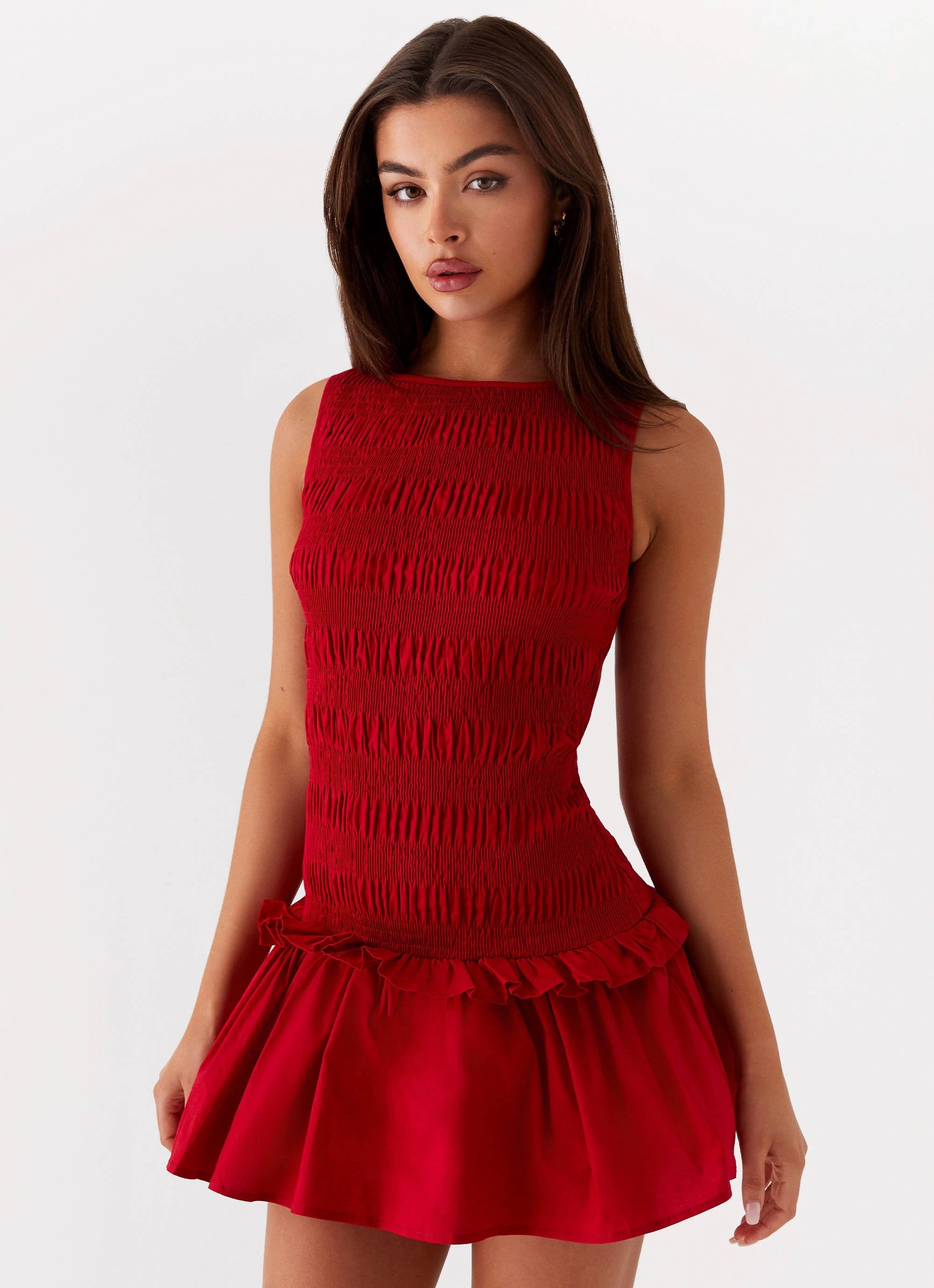 Refined Vibe Garden Kisses Shirred Mini Dress - Red