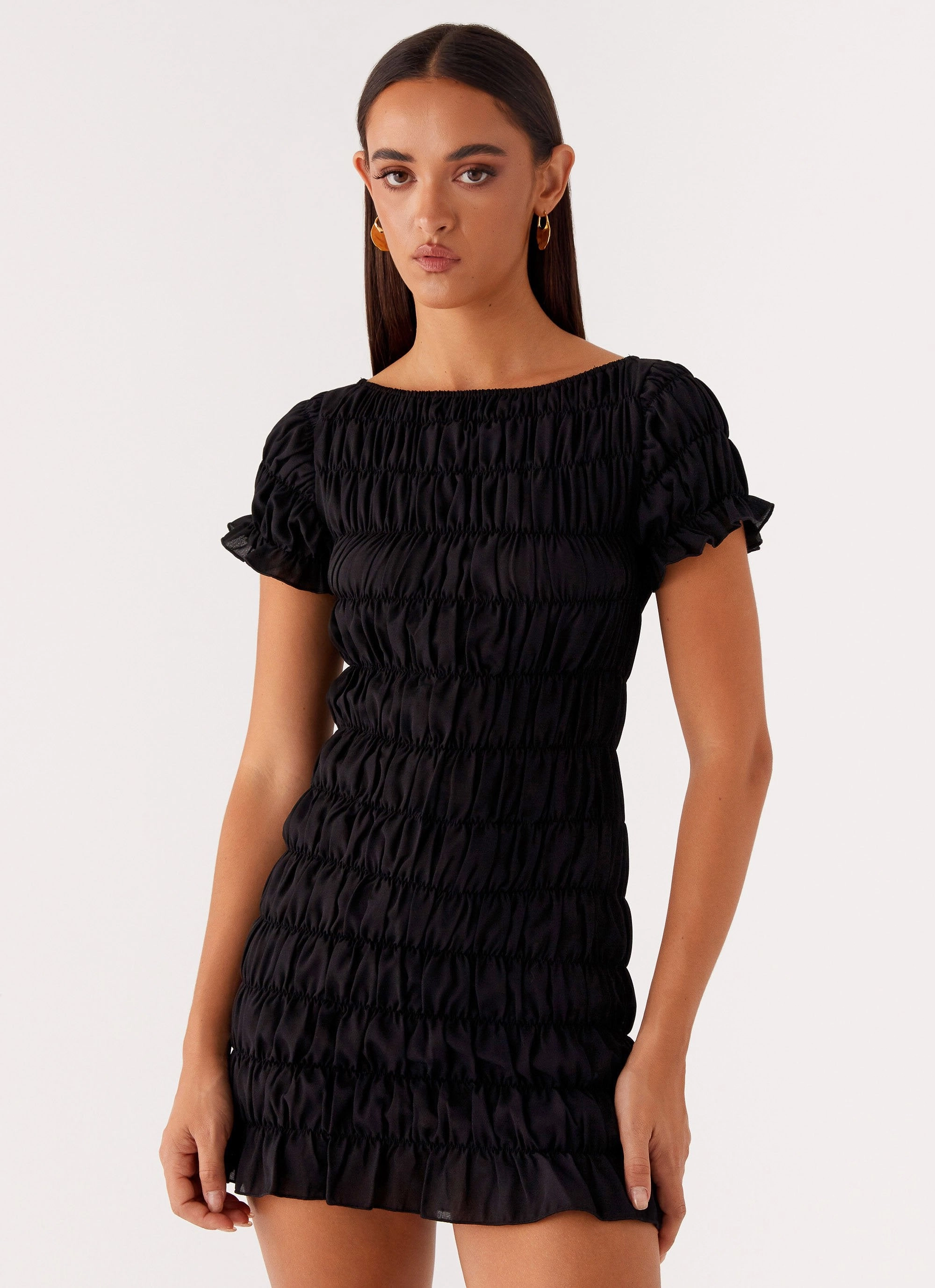Rita Ruched Mini Dress - Black Pop Texture