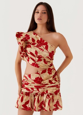Front-Zip Maisie Linen Mini Dress - Red Green Floral
