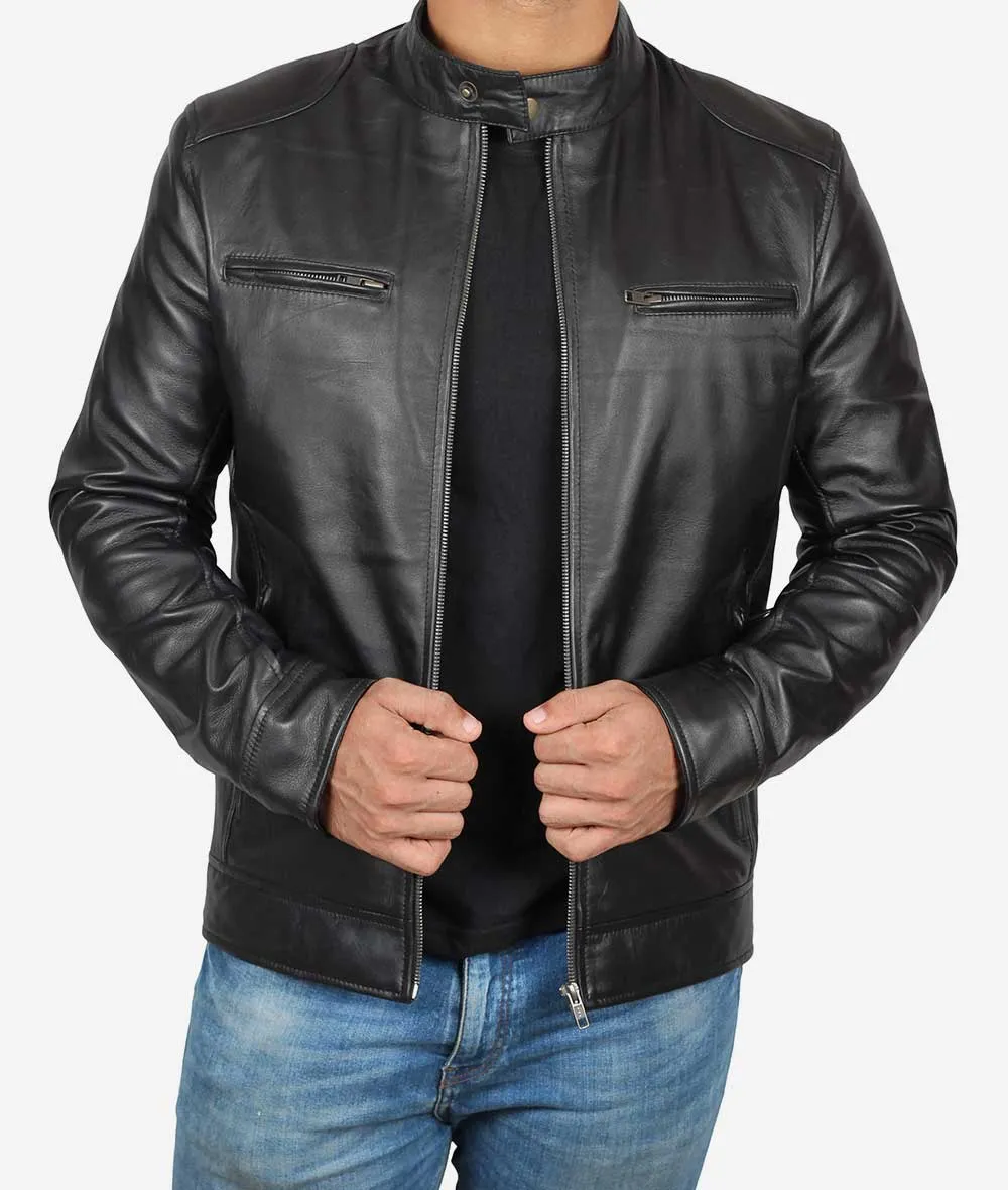 Dodge Mens Lambskin Black Cafe Racer Leather Jacket