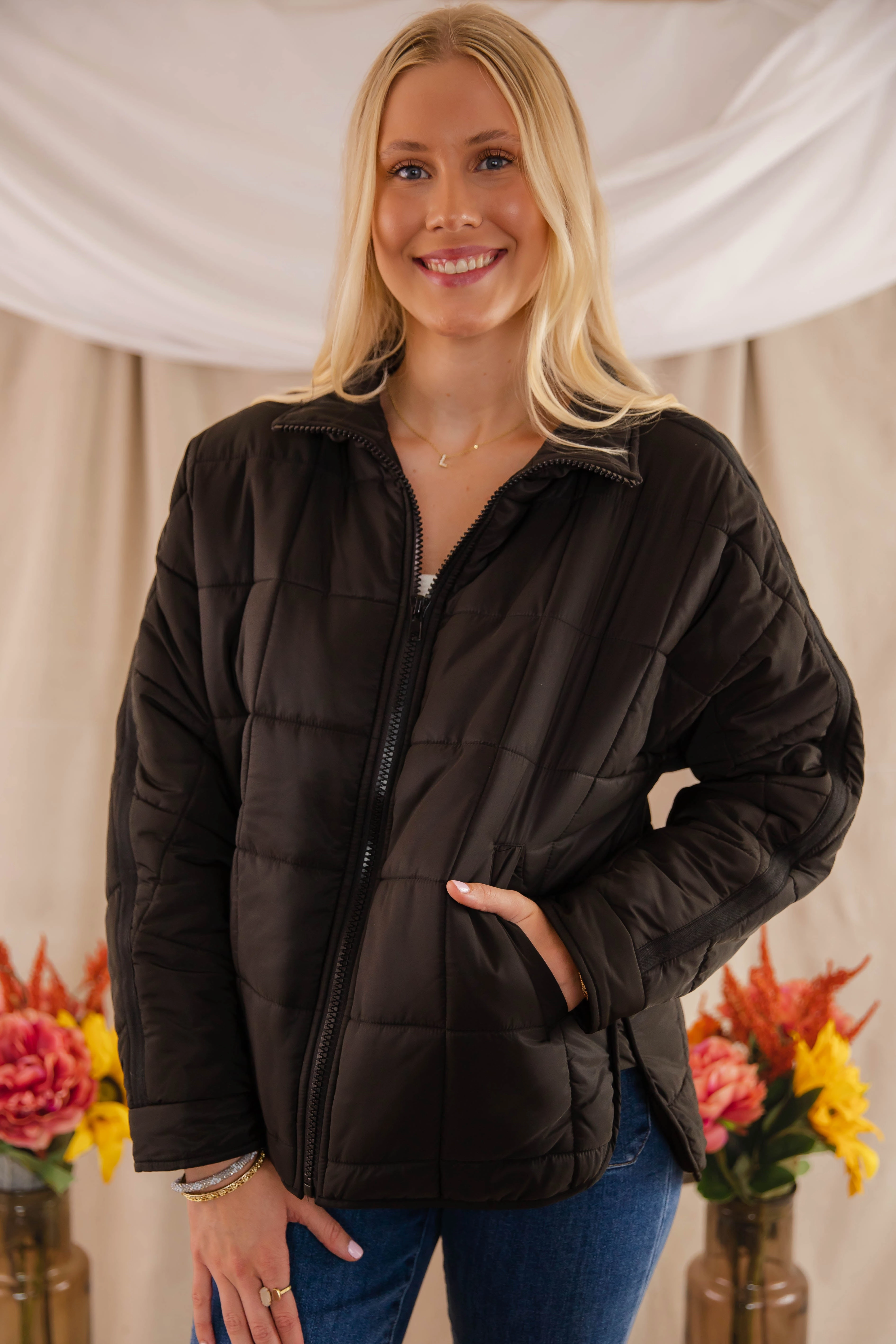 Don't Hesitate Puffer Jacket-Black Ribbed Knit Fabric Soft Pullover