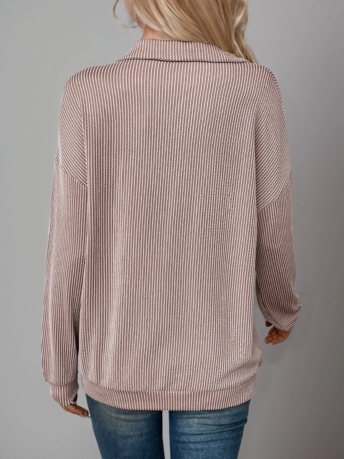 Double Take Striped Half Zip Long Sleeve T-Shirt