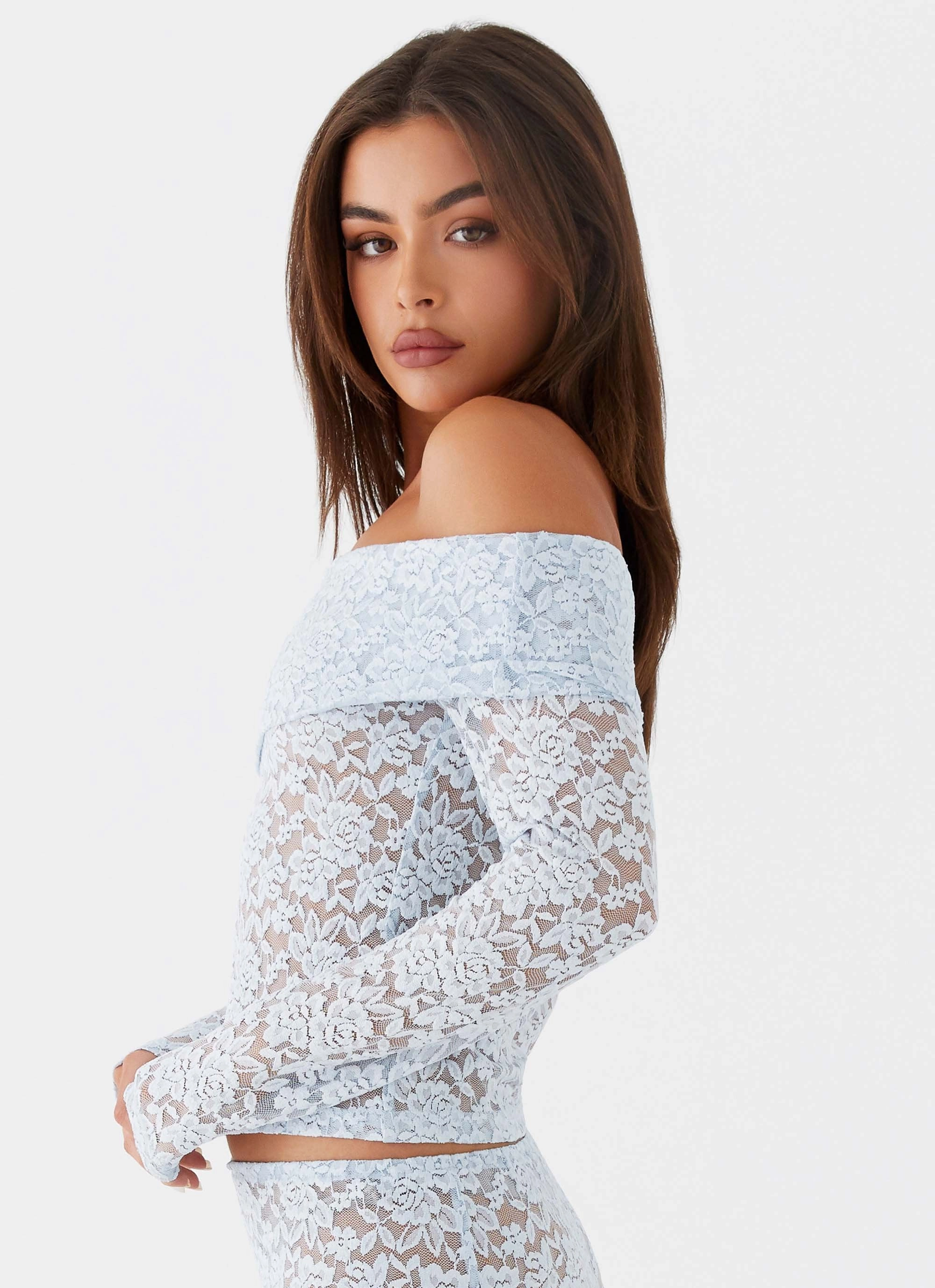 No Wrinkle Zephyra Lace Long Sleeve Top - Blue Cloud
