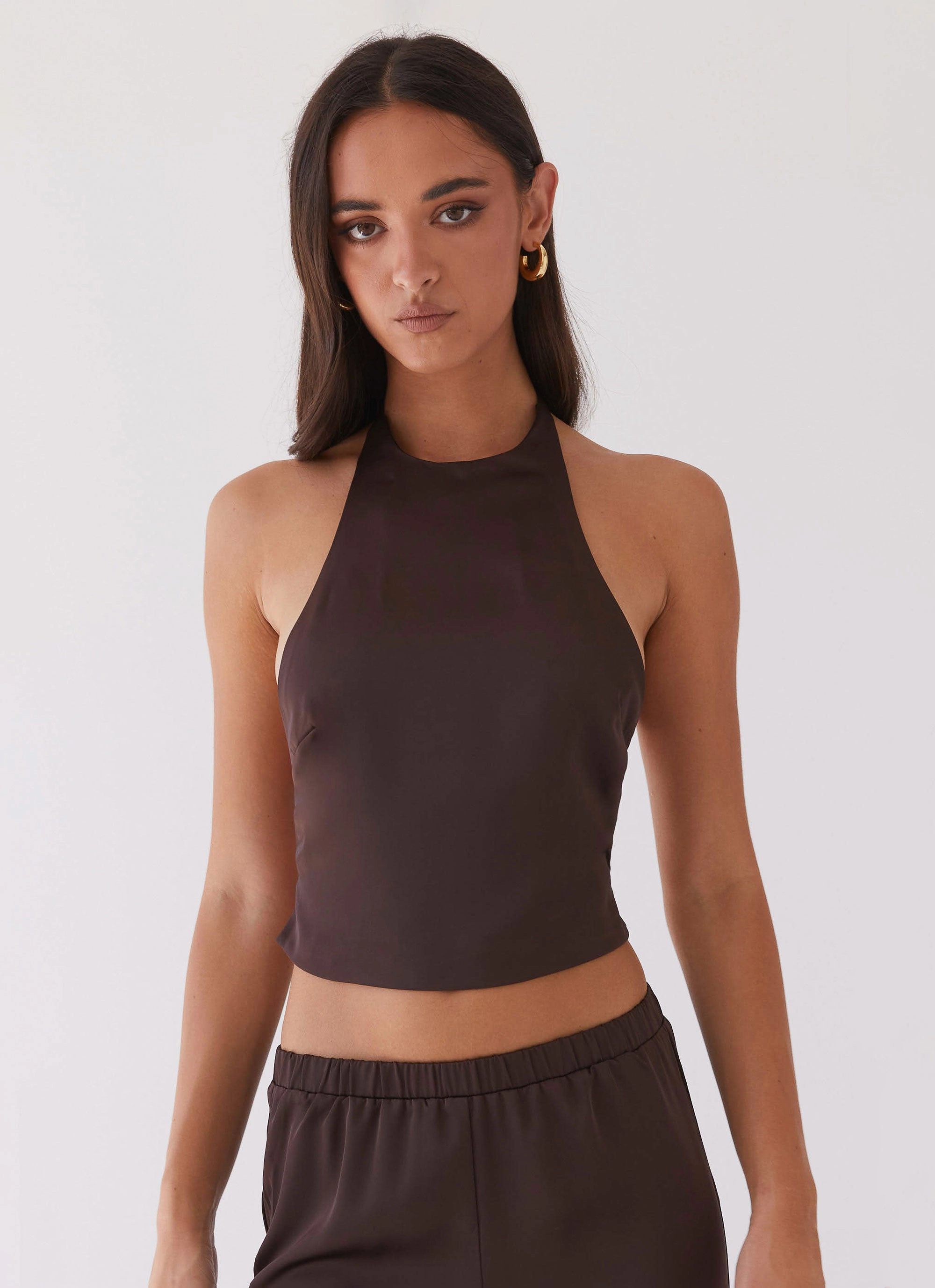 Thermal Insulation Core EcoFriendly Material Bree Satin Halterneck Top - Brown